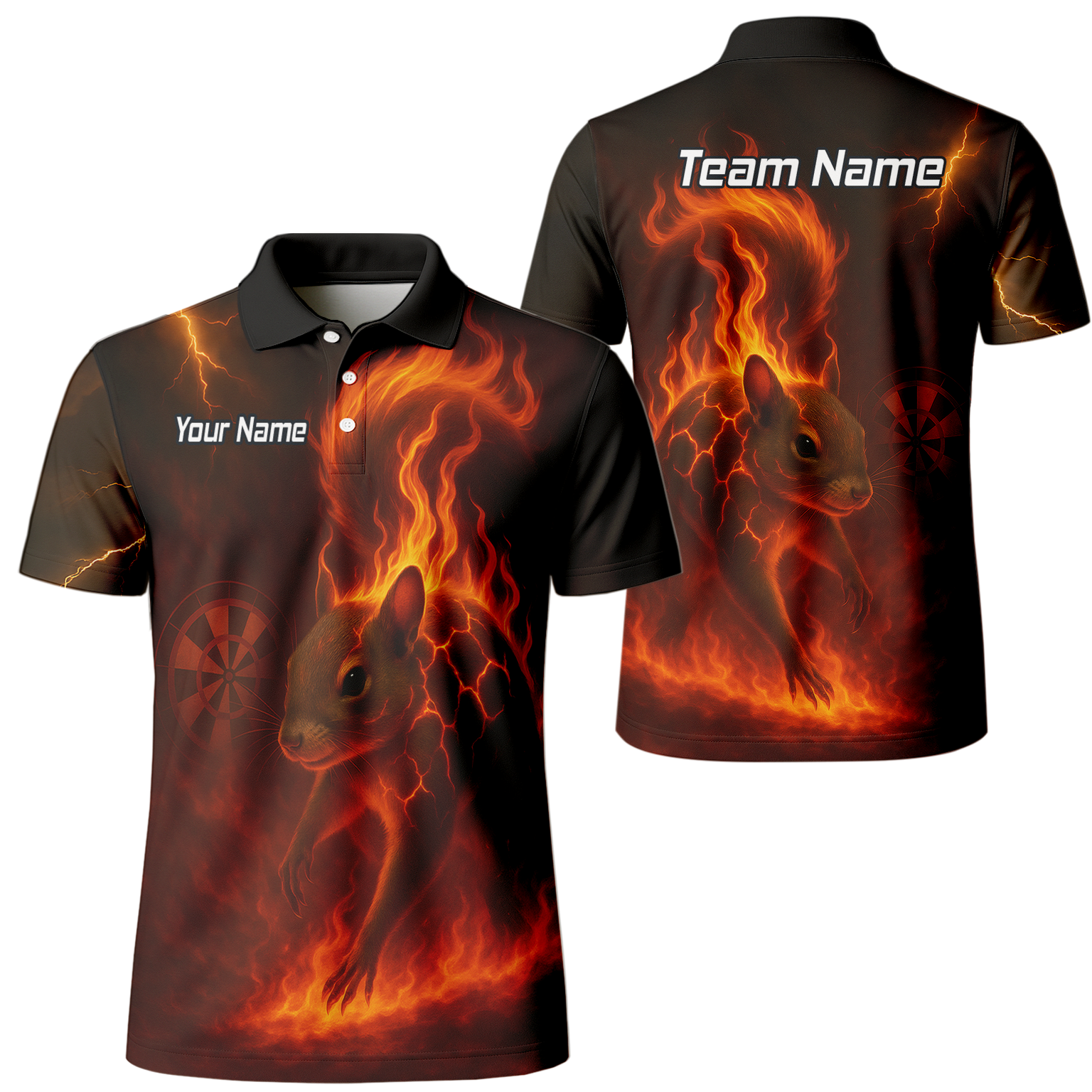 Personalised Flaming Squirrel Dart Polo Shirt Black Red For Men G7659 main image - polo No
