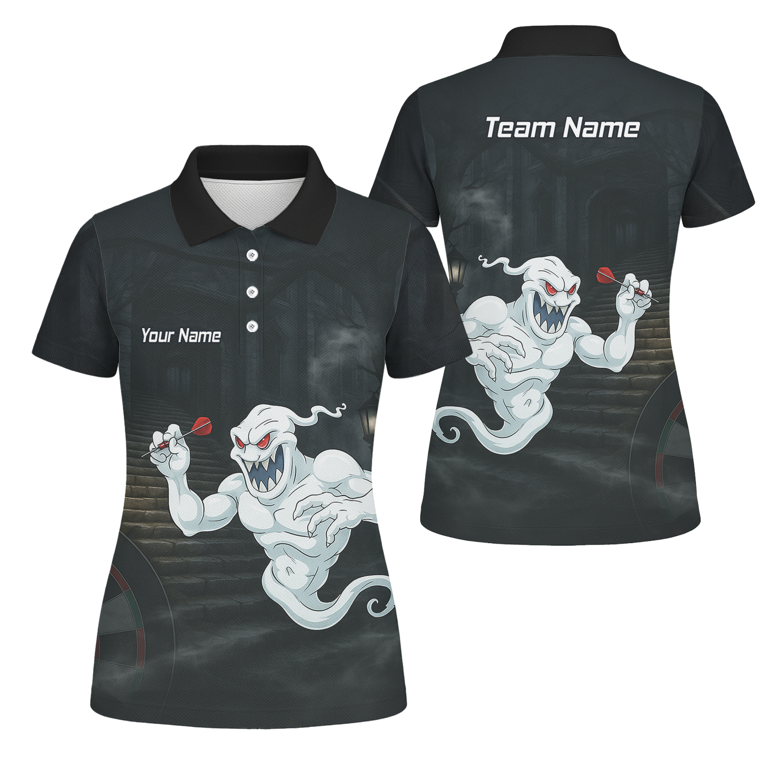 Personalised Scary Ghost Dart Polo Shirt Black White For Men L2060 main image - polo No