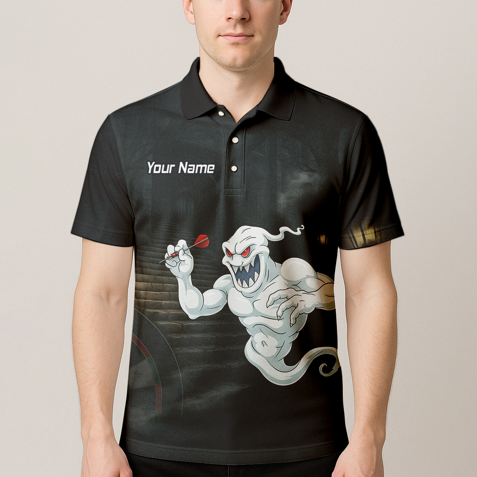 Personalised Scary Ghost Dart Polo Shirt Black White For Men L2060 additional image 4
