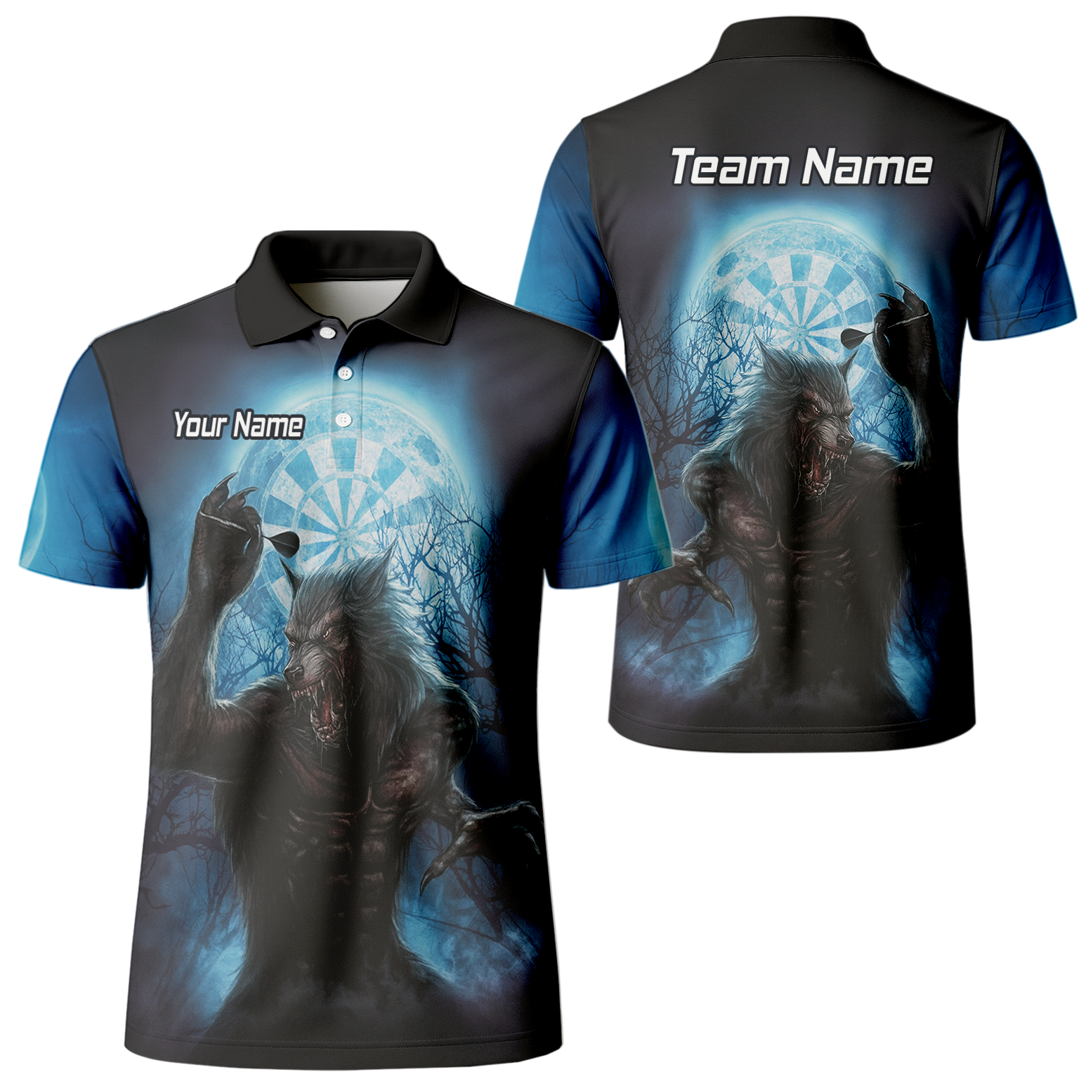 Personalised Werewolf Moon Darts Polo Shirt Blue Black For Men Z5250 main image - polo No