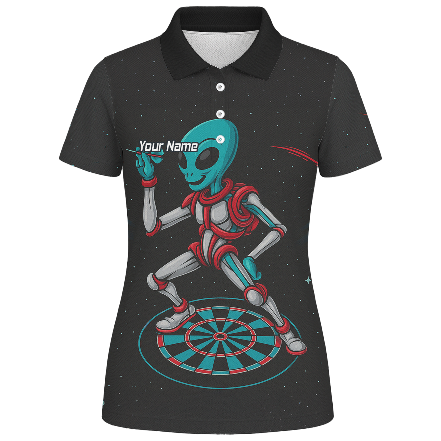 Personalised Black Alien Space Darts Polo Shirt Teal Red For Men G2888 additional image 1