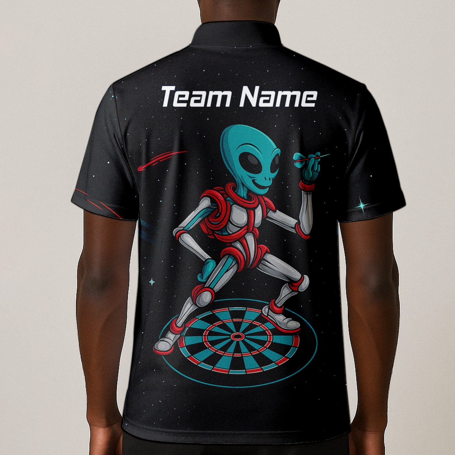 Personalised Black Alien Space Darts Polo Shirt Teal Red For Men G2888 additional image 1