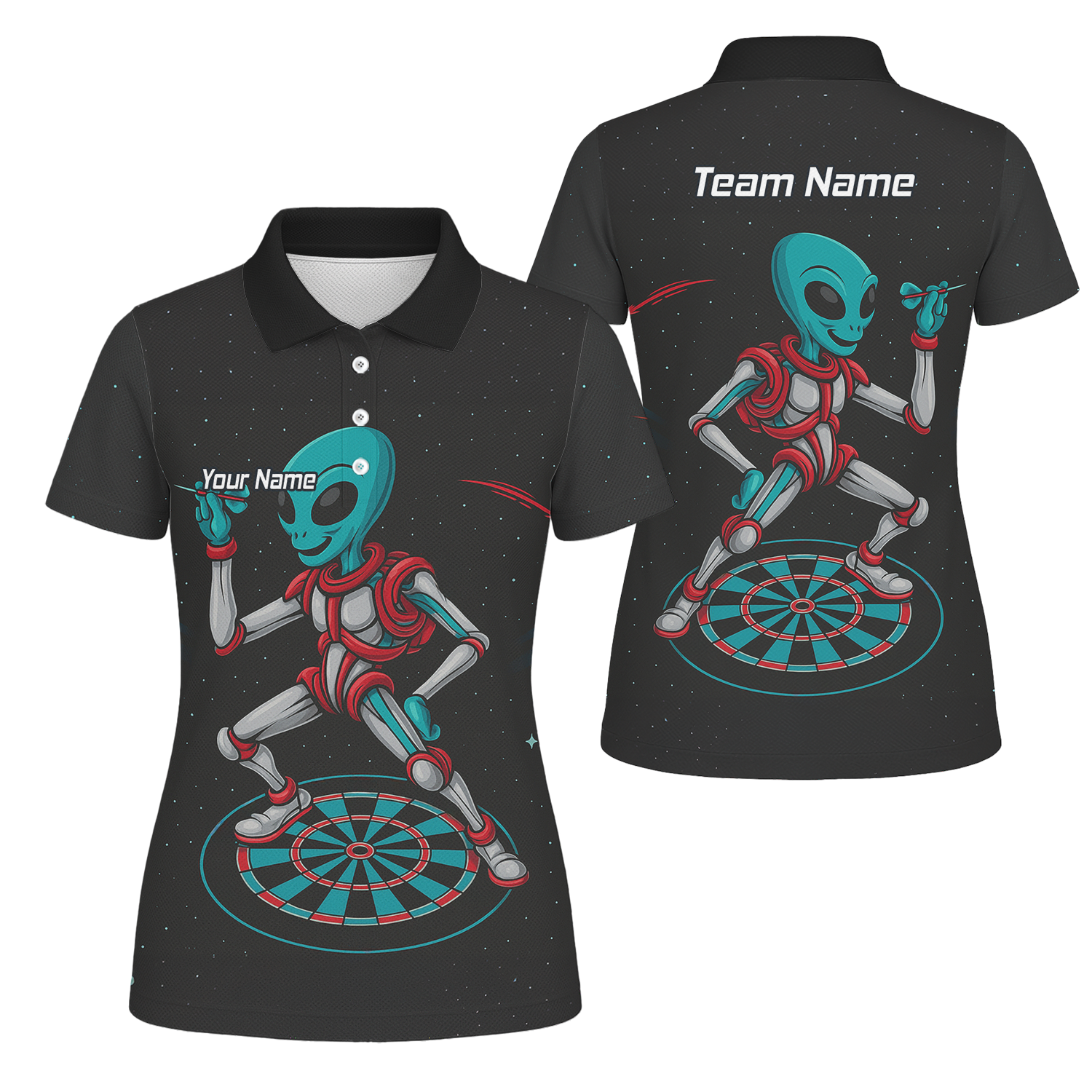 Personalised Black Alien Space Darts Polo Shirt Teal Red For Men G2888 main image - polo No