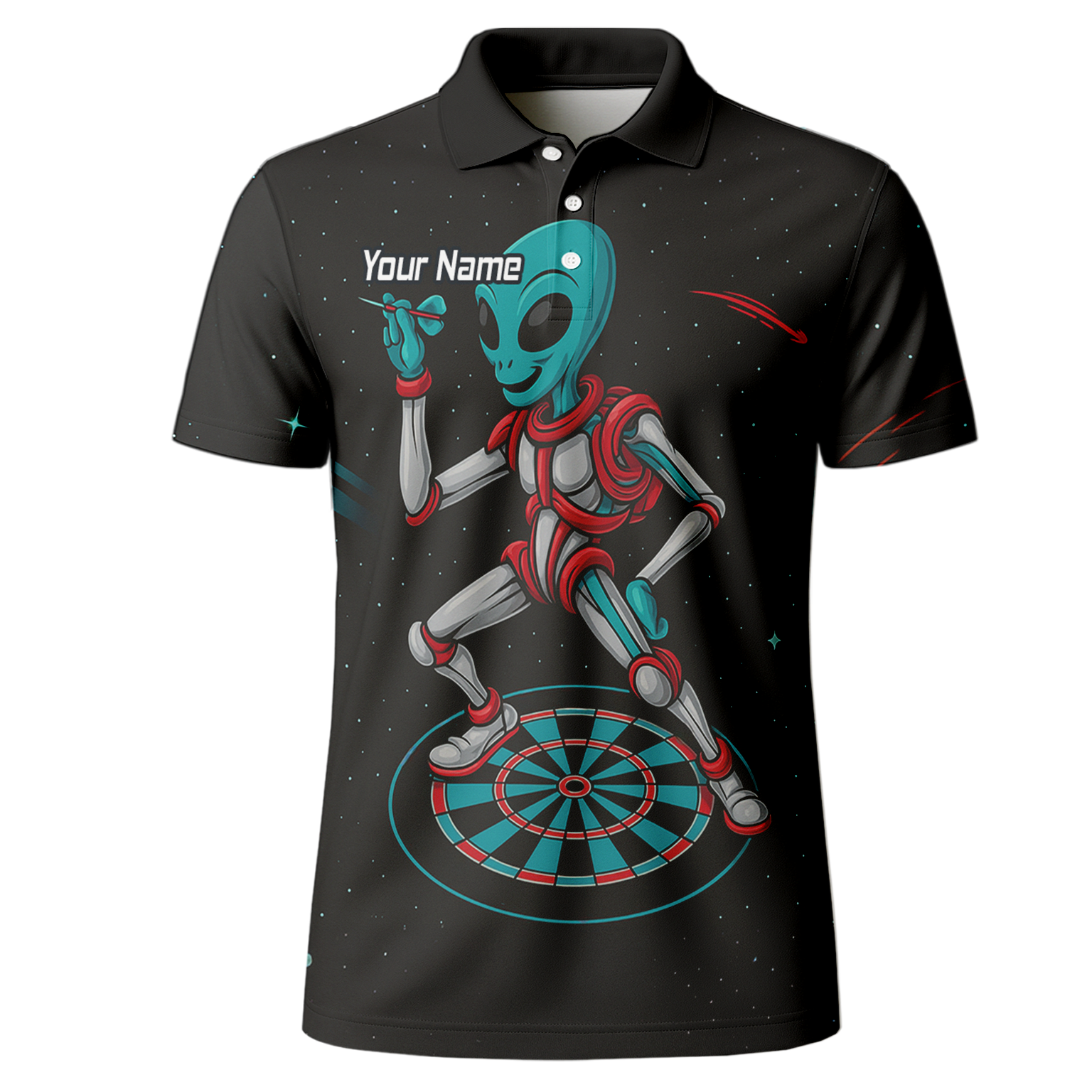 Personalised Black Alien Space Darts Polo Shirt Teal Red For Men G2888 additional image 2