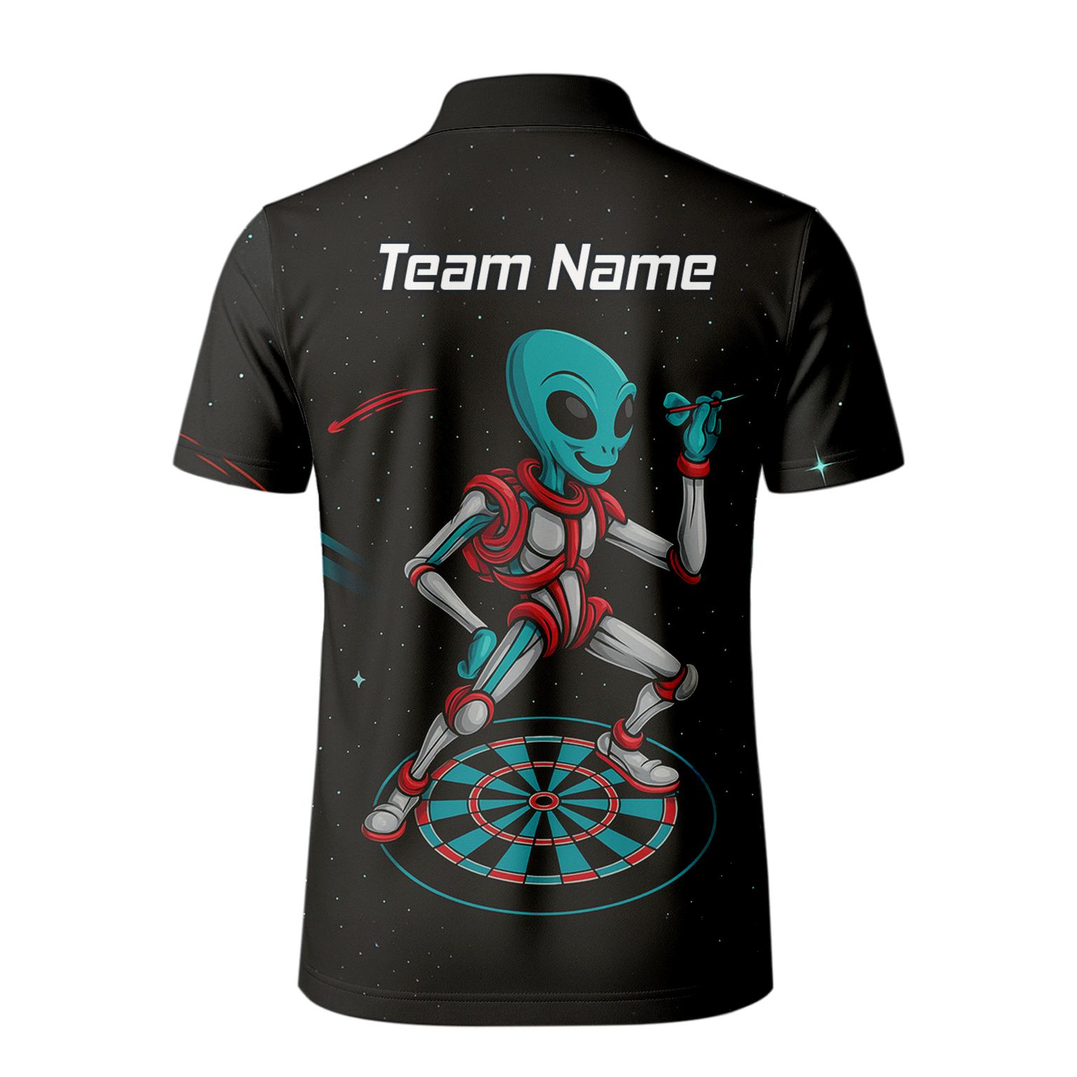 Personalised Black Alien Space Darts Polo Shirt Teal Red For Men G2888 additional image 3