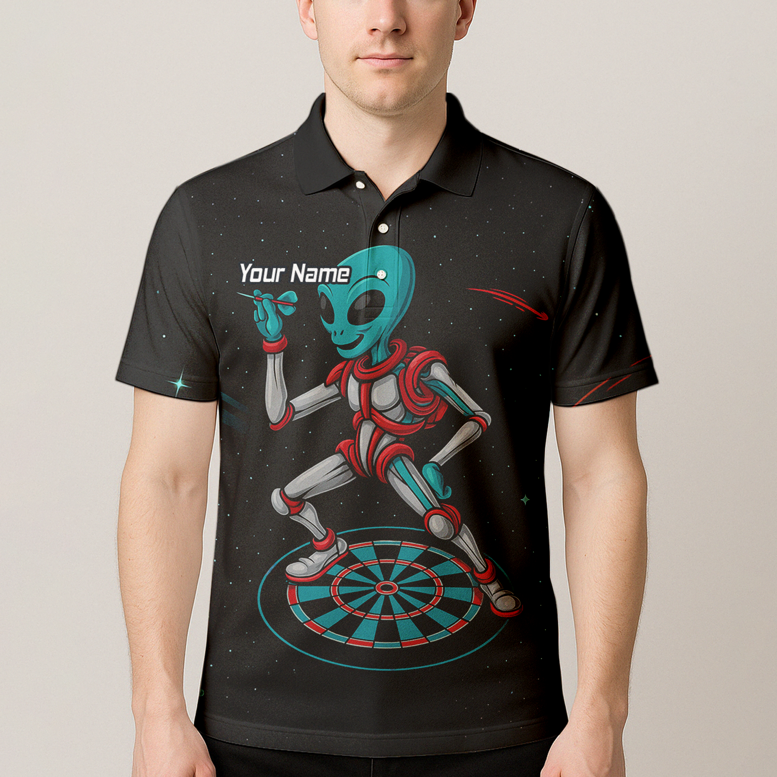 Personalised Black Alien Space Darts Polo Shirt Teal Red For Men G2888 additional image 4