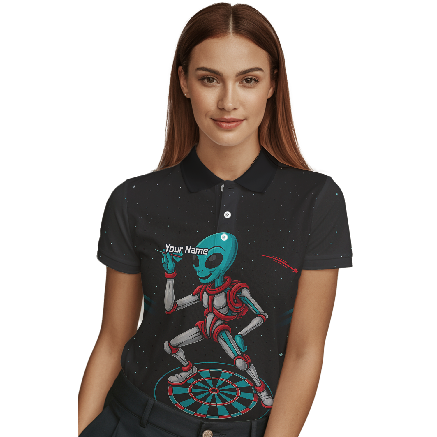 Personalised Black Alien Space Darts Polo Shirt Teal Red For Men G2888 additional image 3