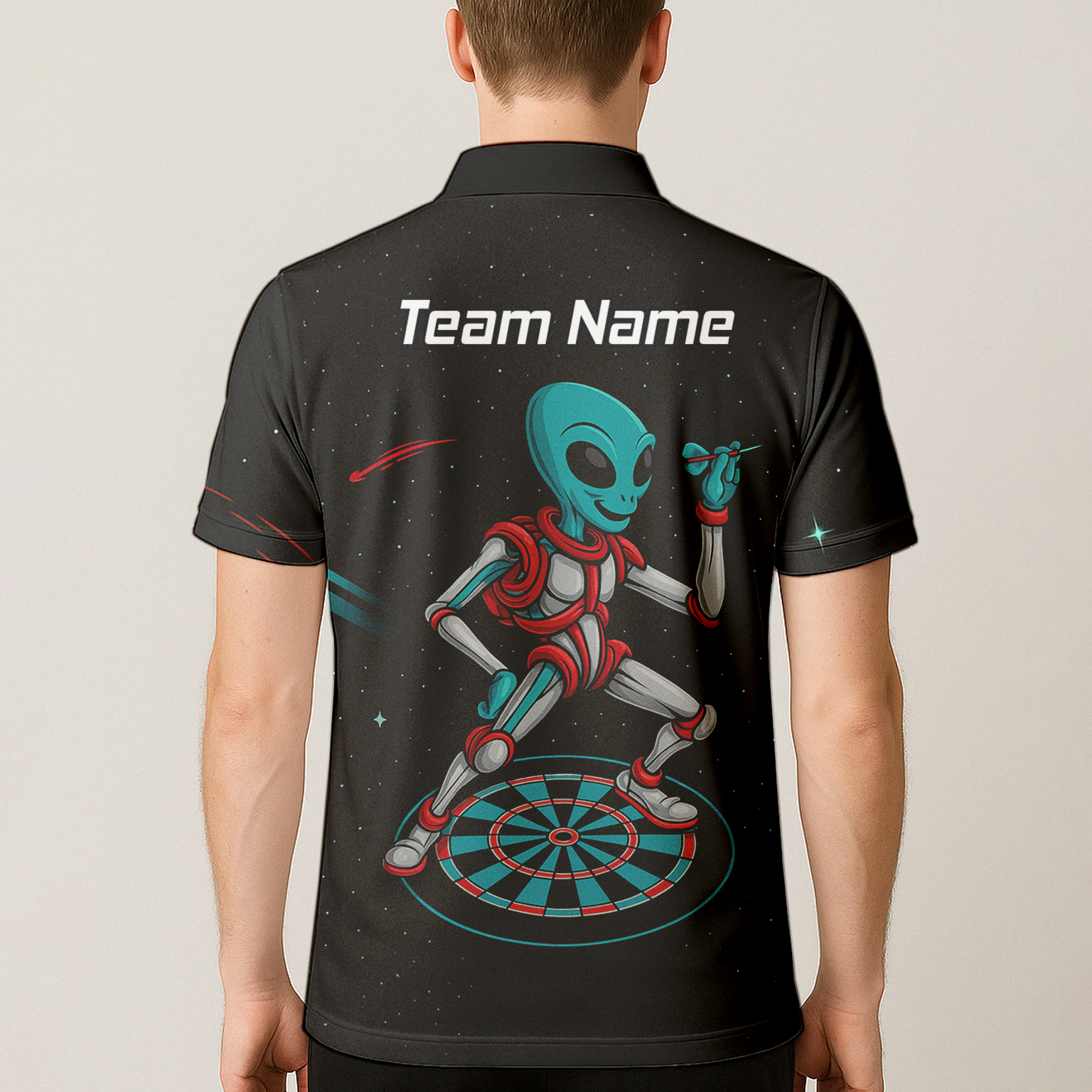 Personalised Black Alien Space Darts Polo Shirt Teal Red For Men G2888 additional image 5