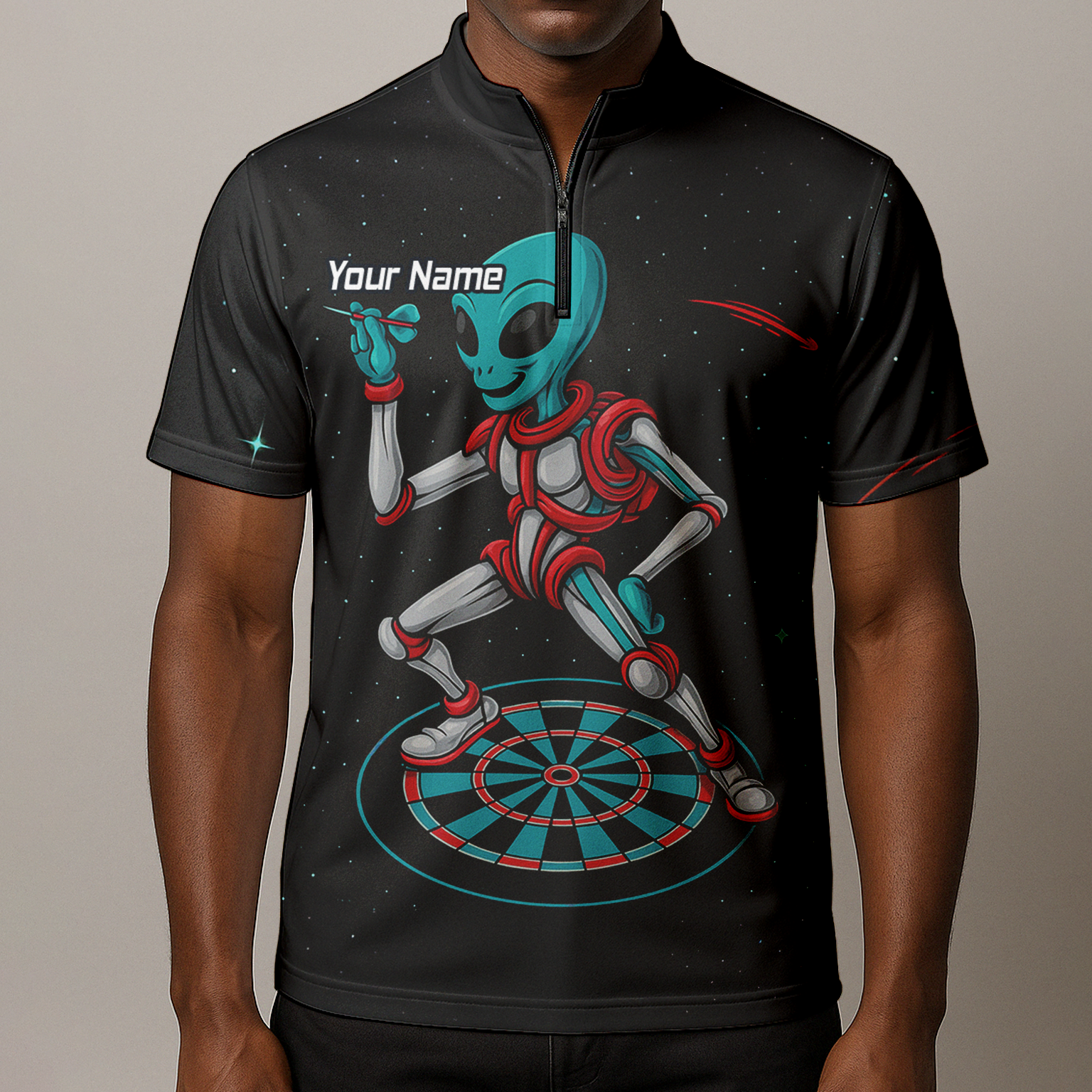 Personalised Black Alien Space Darts Polo Shirt Teal Red For Men G2888 additional image 8