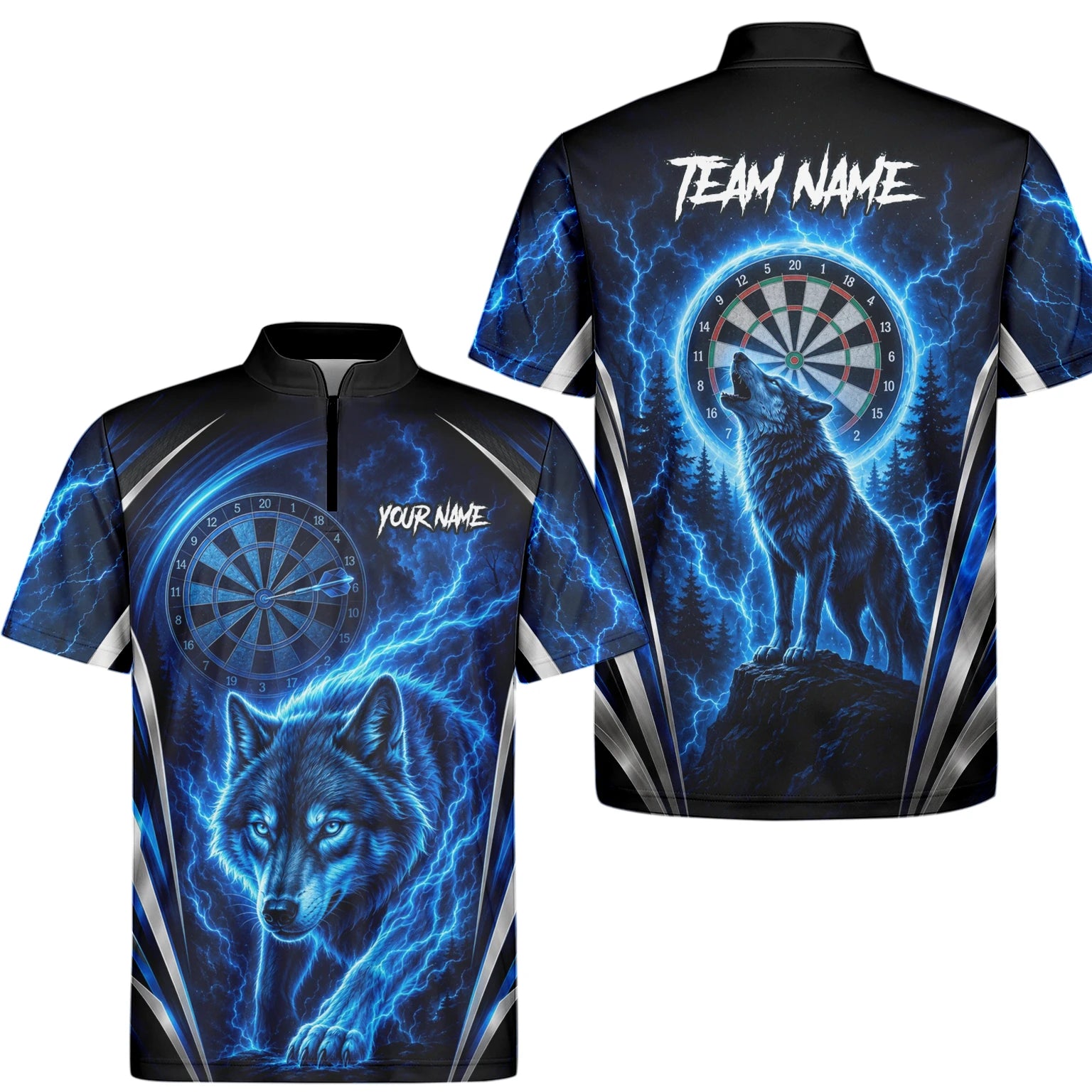 Personalised Black & Blue Wolf Lightning Darts Shirt For Men X929