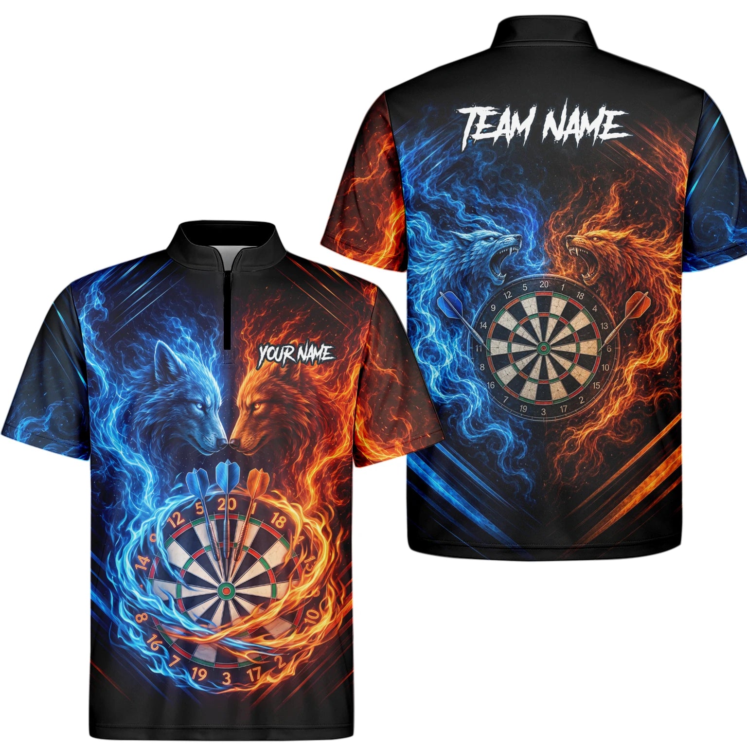 Personalised Blue & Orange Wolf Flame Dartboard Darts Shirt For Men A749