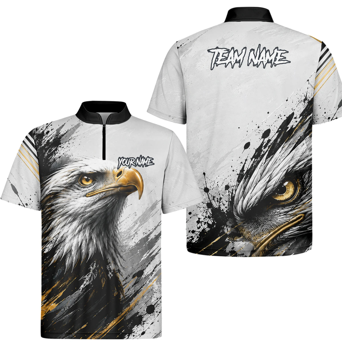 Personalised White Black Gold Bald Eagle Darts Shirt For Men S805