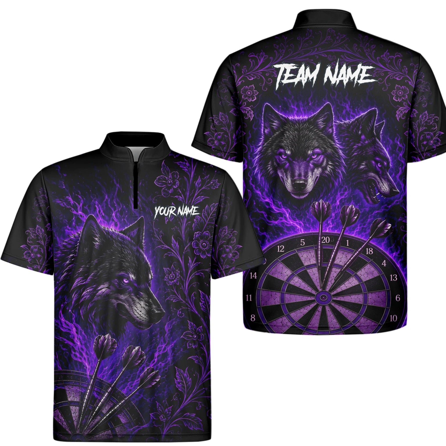 Personalised Black & Purple Wolf Dartboard Darts Shirt For Men J133