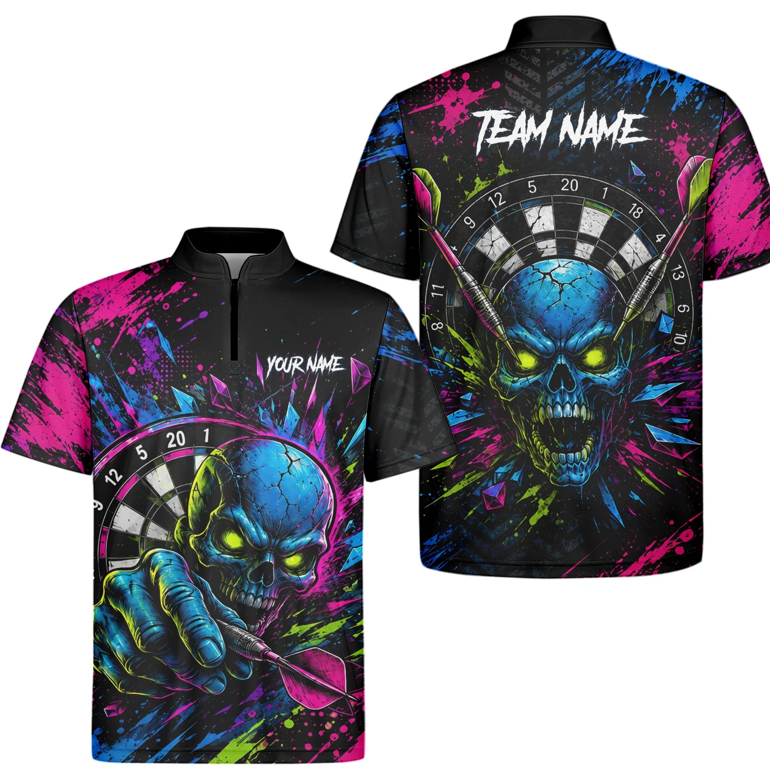 Personalised Neon Blue Green & Pink Skull Dartboard Darts Shirt For Men S232