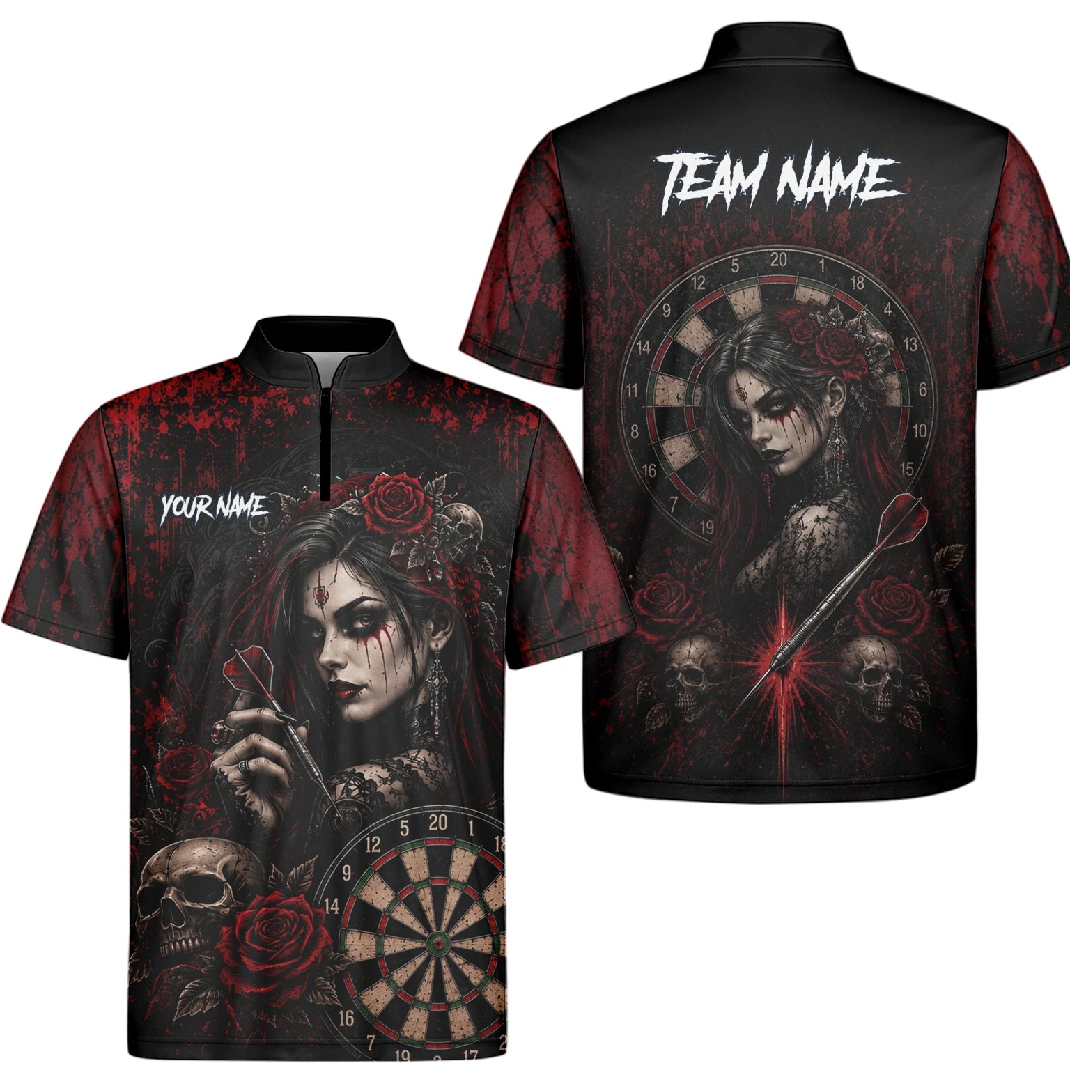 Personalised Black & Red Gothic Woman Skull Darts Shirt For Men W035