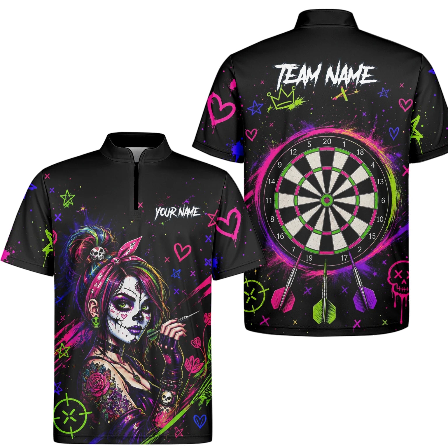 Personalised Black Neon Sugar Skull Woman Darts Shirt For Men K745