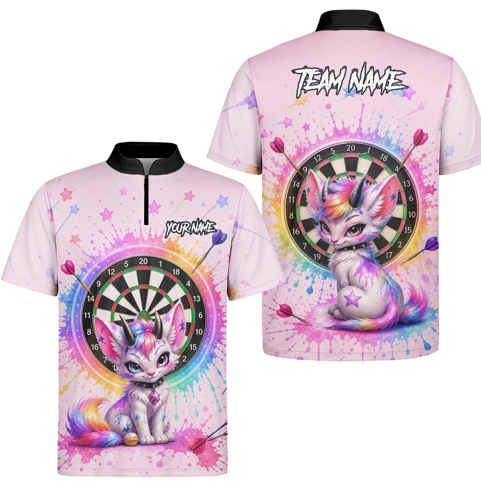 Personalised Pink & Rainbow Fantasy Cat Unicorn Darts Shirt For Men X398
