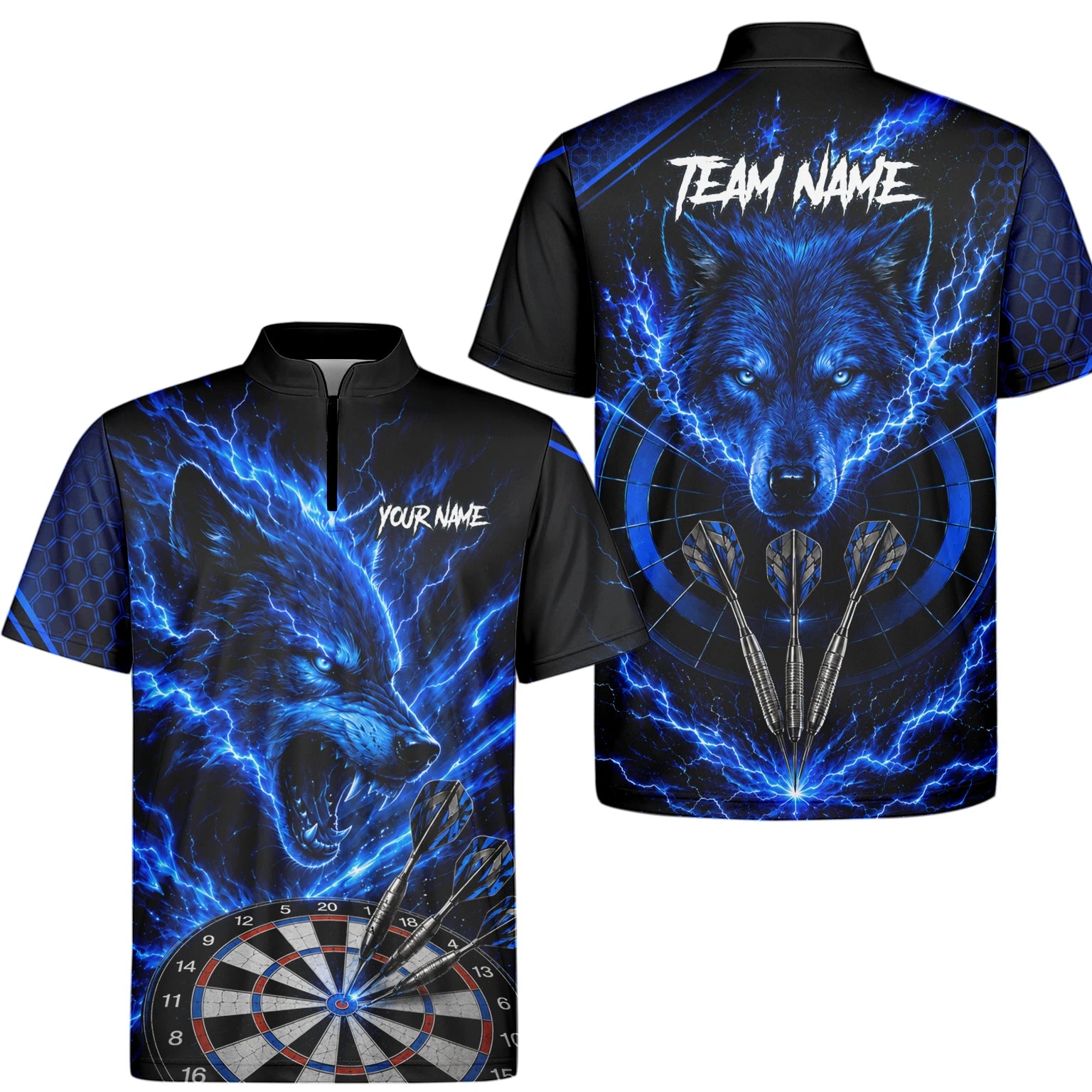 Personalised Black & Blue Wolf Lightning Darts Shirt For Men Y375