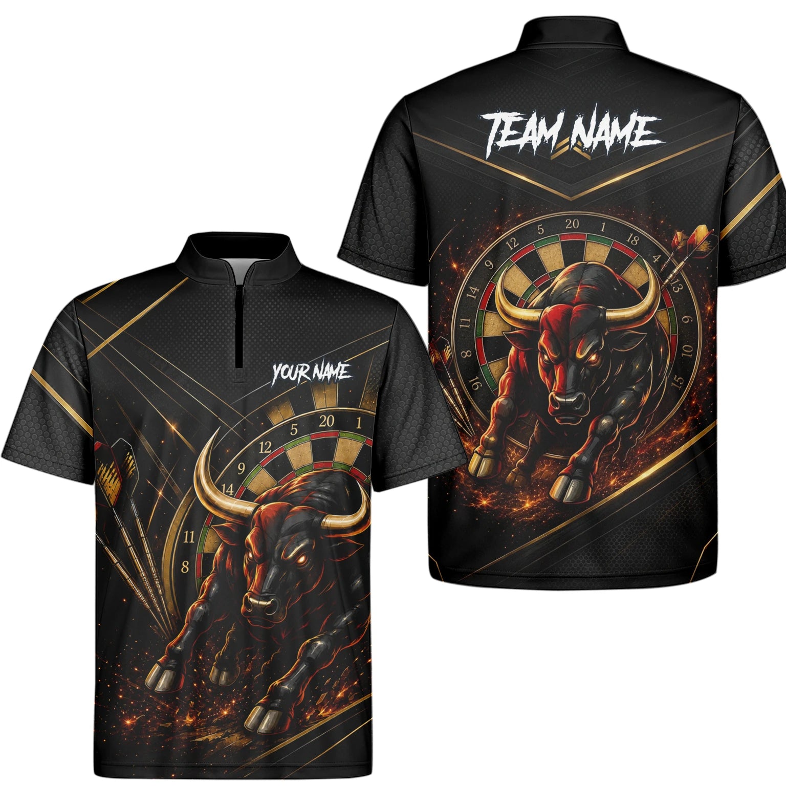 Personalised Black & Gold Bull Darts Polo Shirt For Men K607
