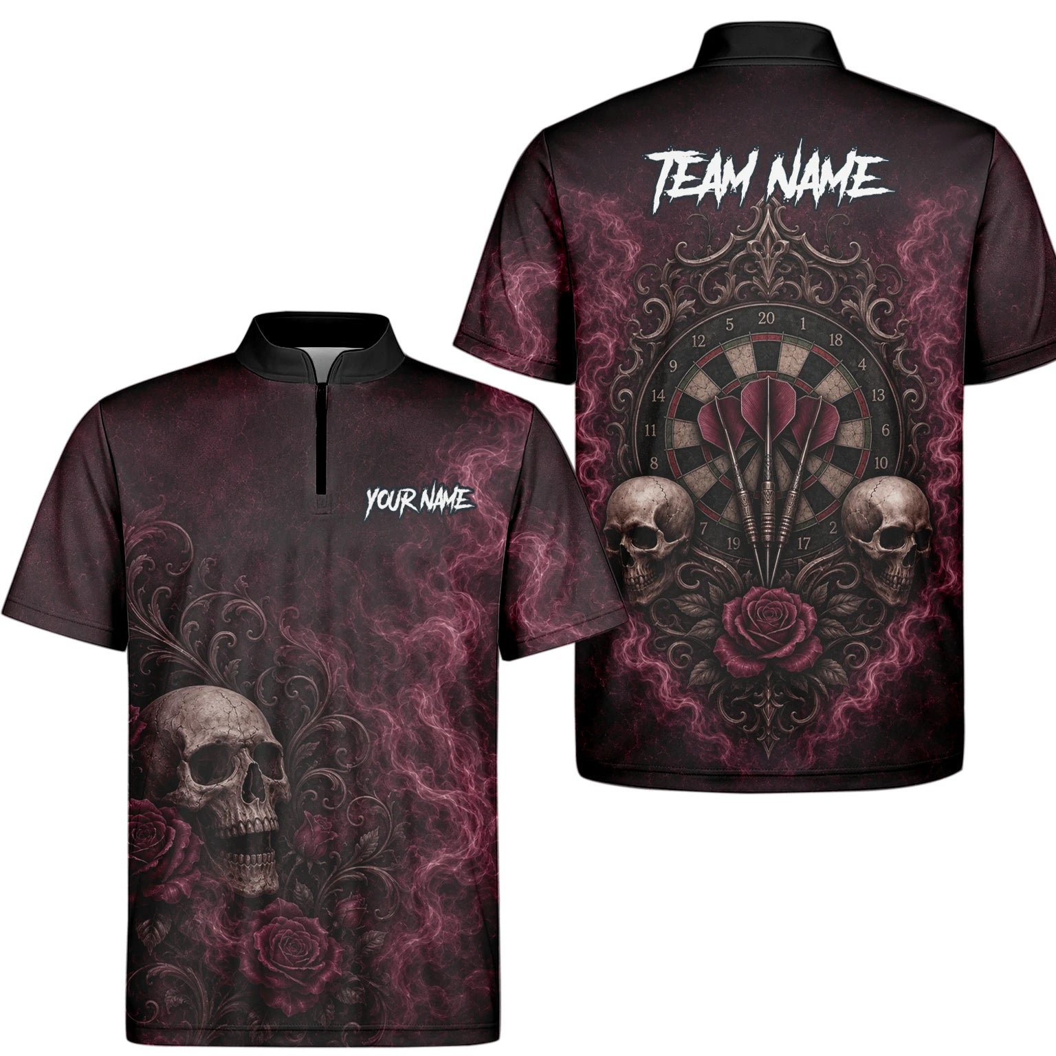 Personalised Burgundy & Black Skull Rose Darts Shirt For Men U786