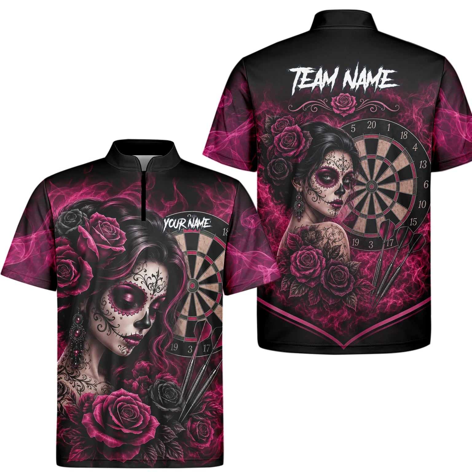 Personalised Black & Pink Sugar Skull Roses Darts Shirt For Men Z109