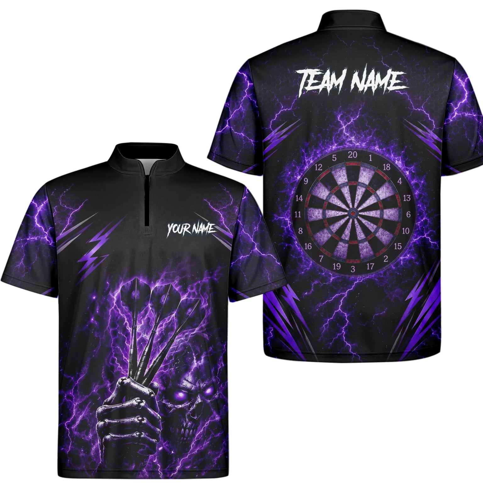 Personalised Black & Purple Lightning Skeleton Hand Darts Shirt For Men H822