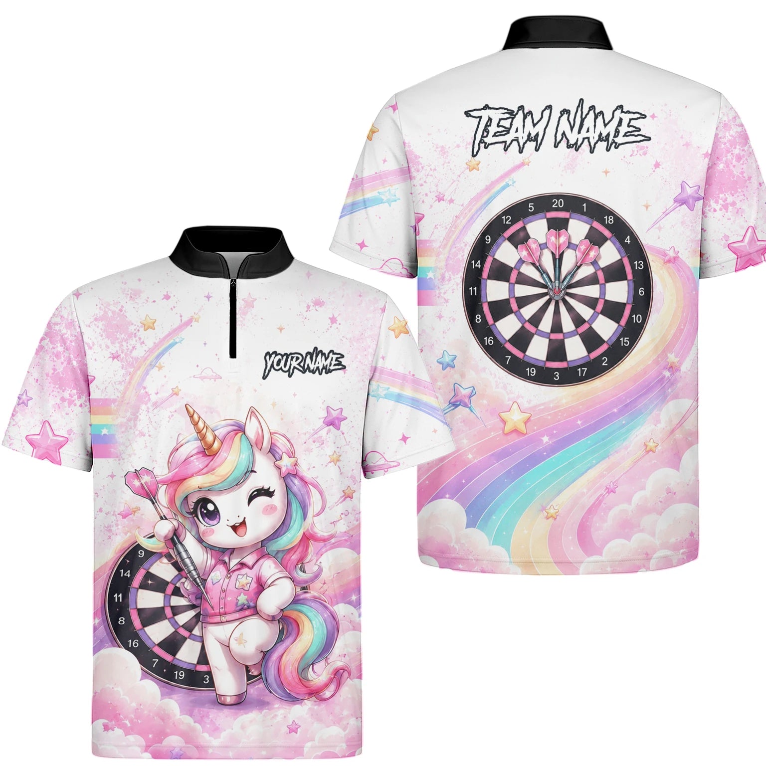 Personalised Pink & White Rainbow Unicorn Darts Shirt For Men F188