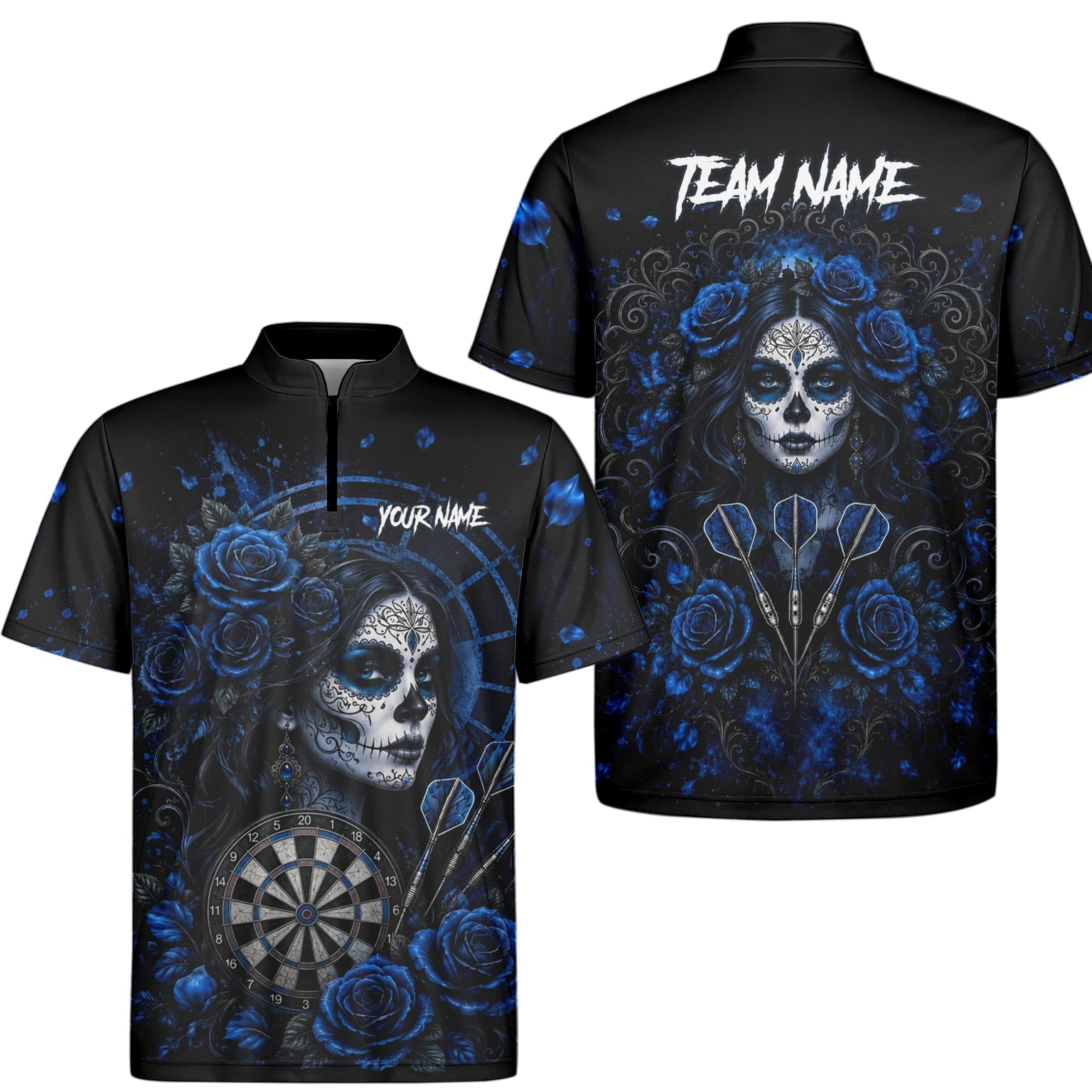 Personalised Black & Blue Sugar Skull Roses Darts Shirt For Men I884