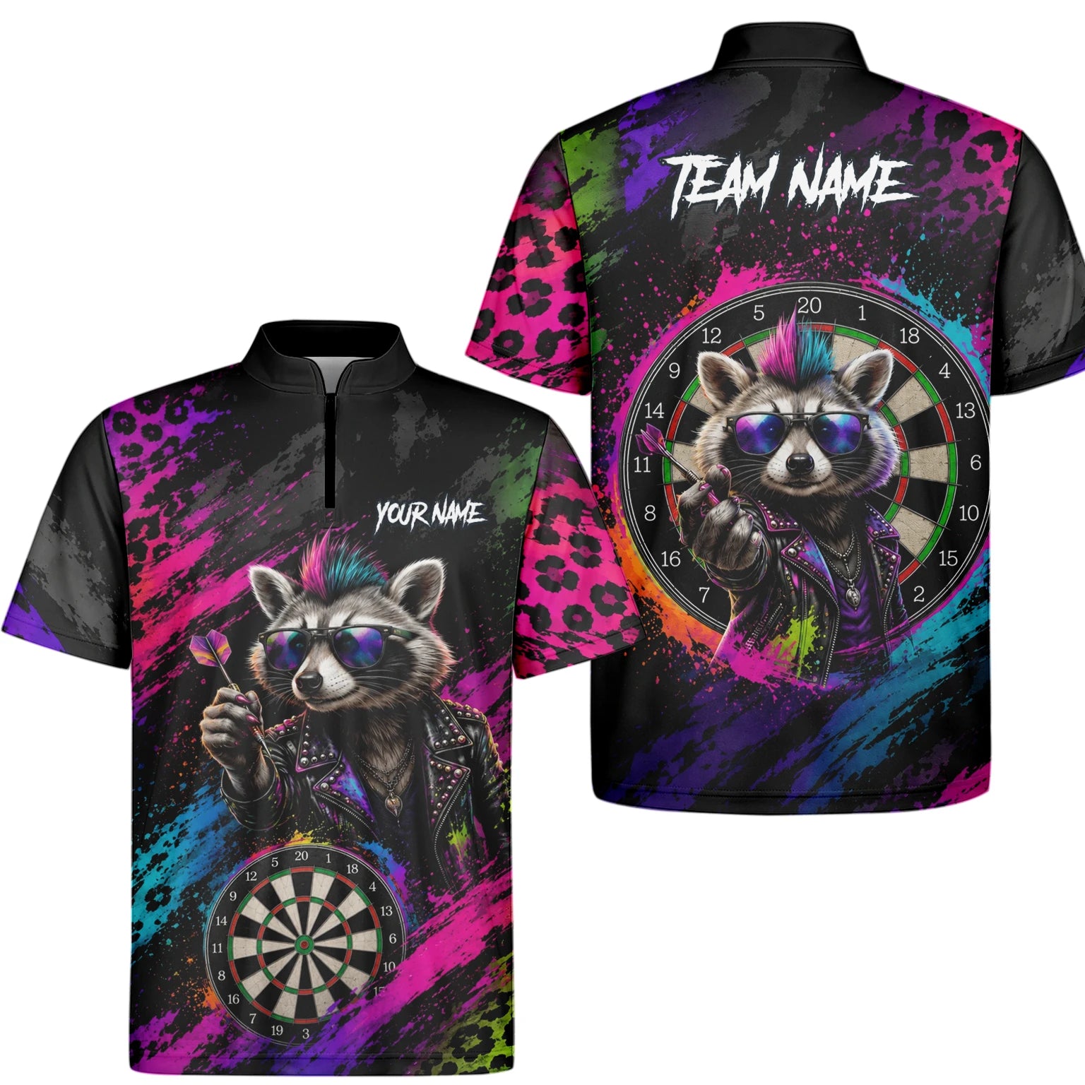 Personalised Black Multicolour Punk Raccoon Dartboard Darts Shirt For Men E164