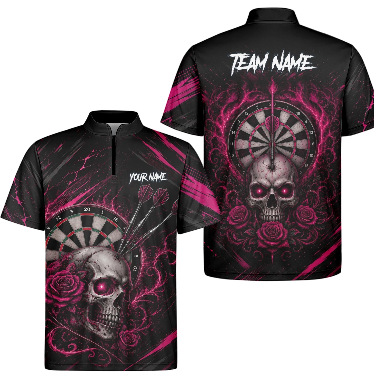 Personalised Black & Pink Skull and Roses Darts Shirt For Men V308