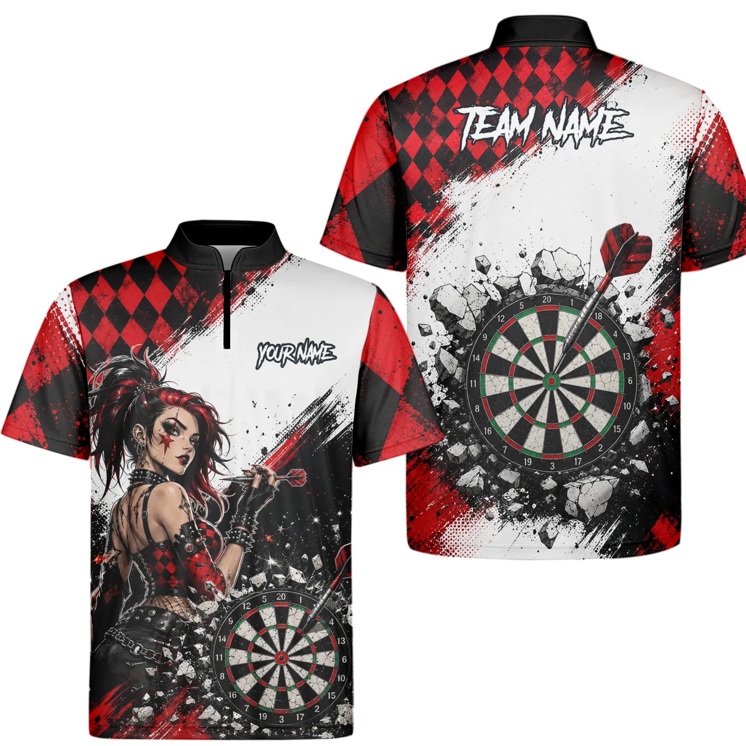 Personalised Red & Black Gothic Harlequin Darts Polo Shirt For Men K572