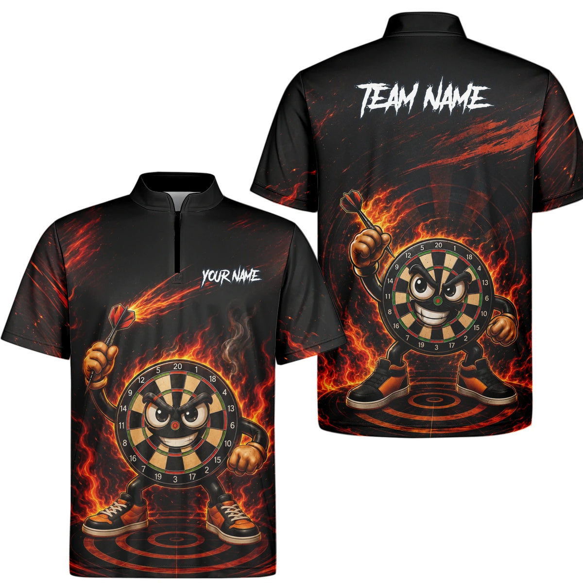 Personalised Black & Red Fiery Dartboard Character Darts Shirt For Men W224