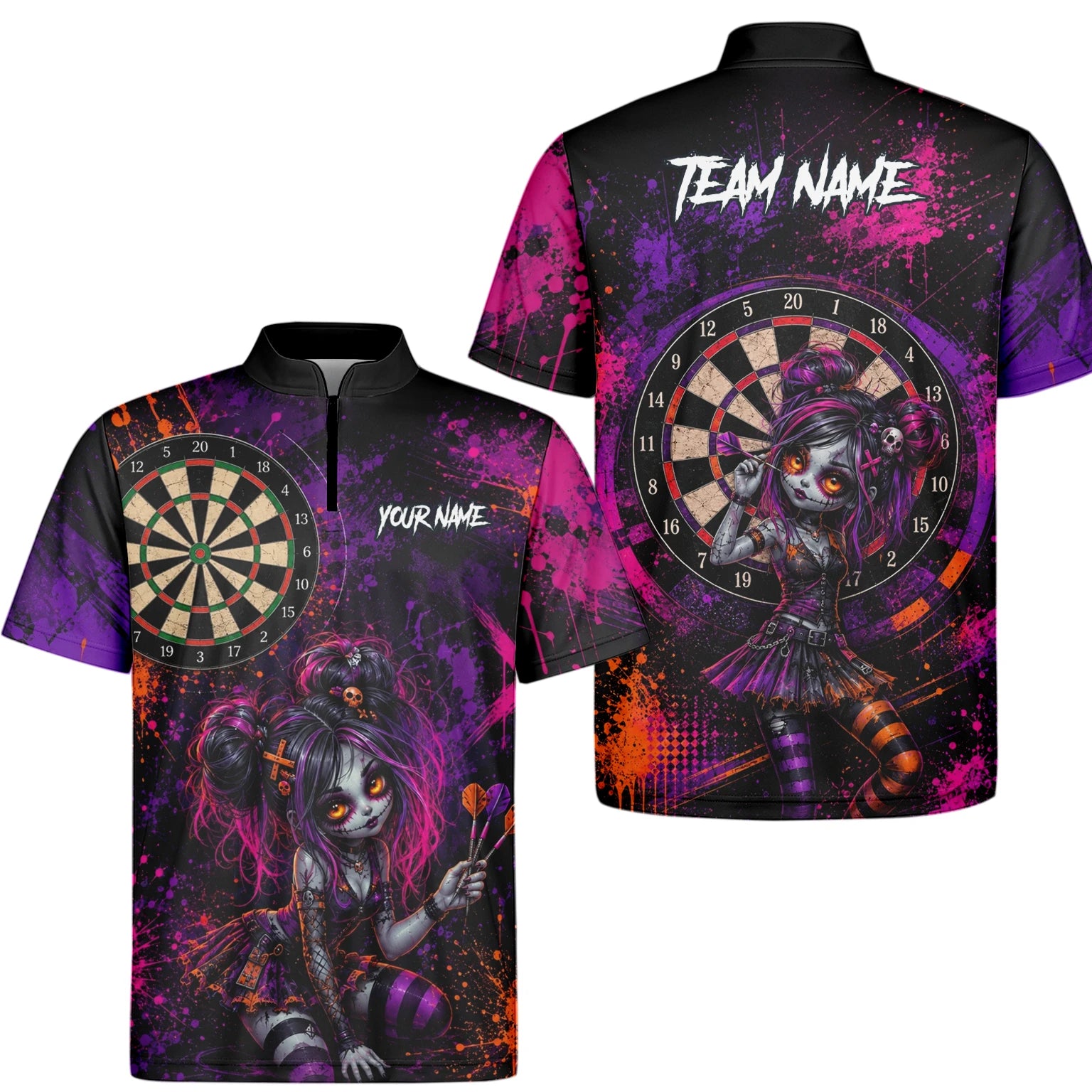 Personalised Black Purple Pink & Orange Gothic Darts Shirt For Men Z641