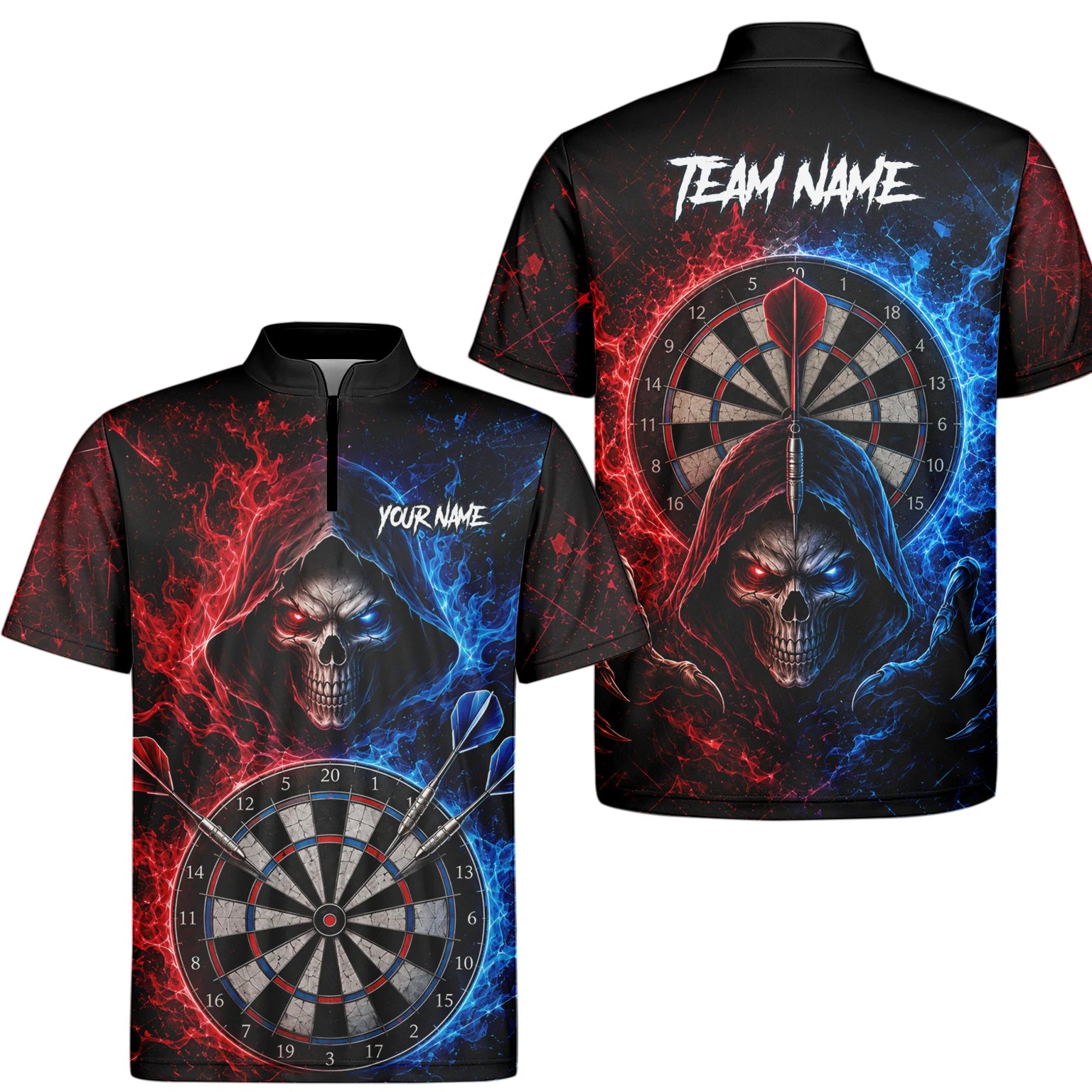 Personalised Red & Blue Split Skull Darts Polo Shirt For Men L857