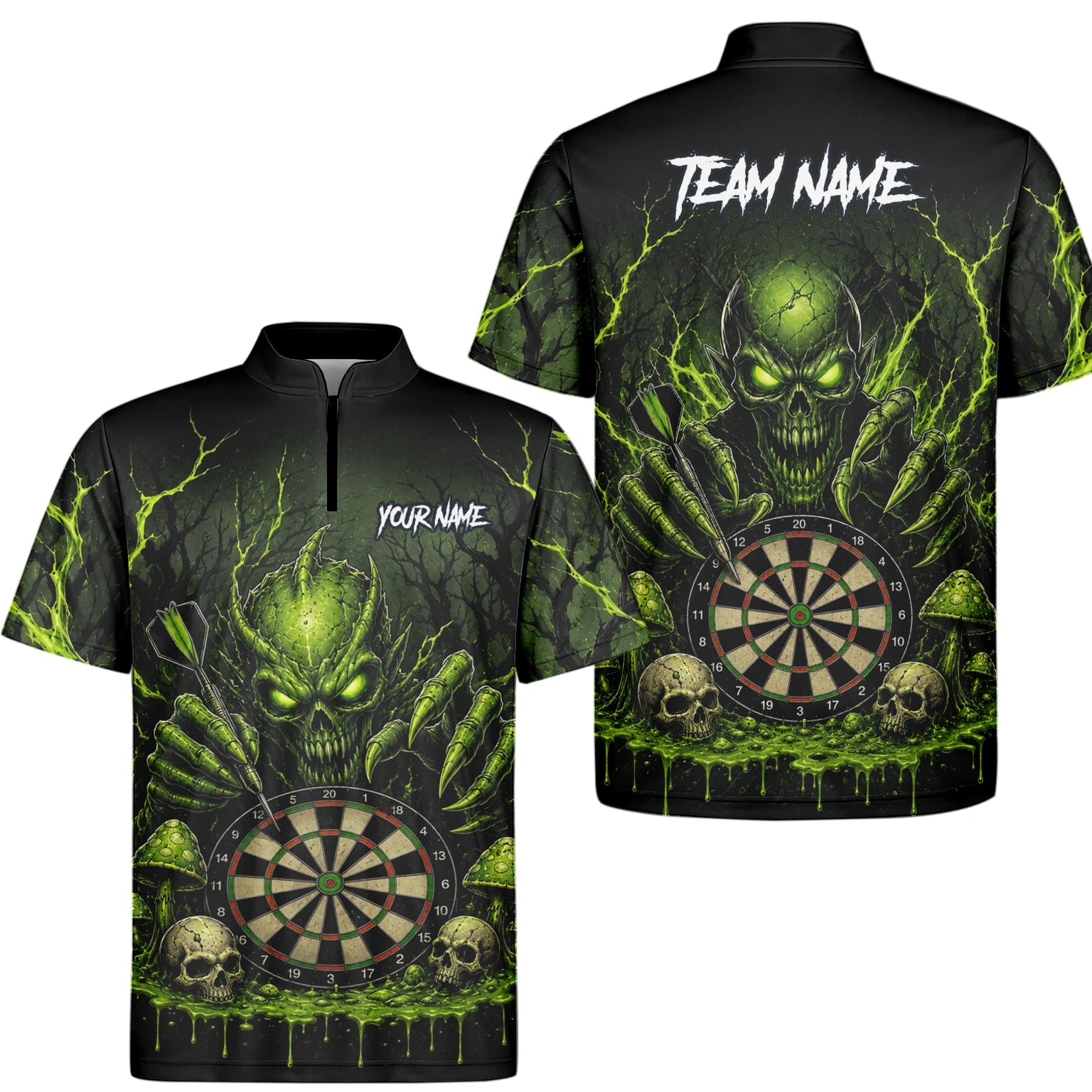Personalised Black & Green Monster Skull Dartboard Darts Shirt For Men A277