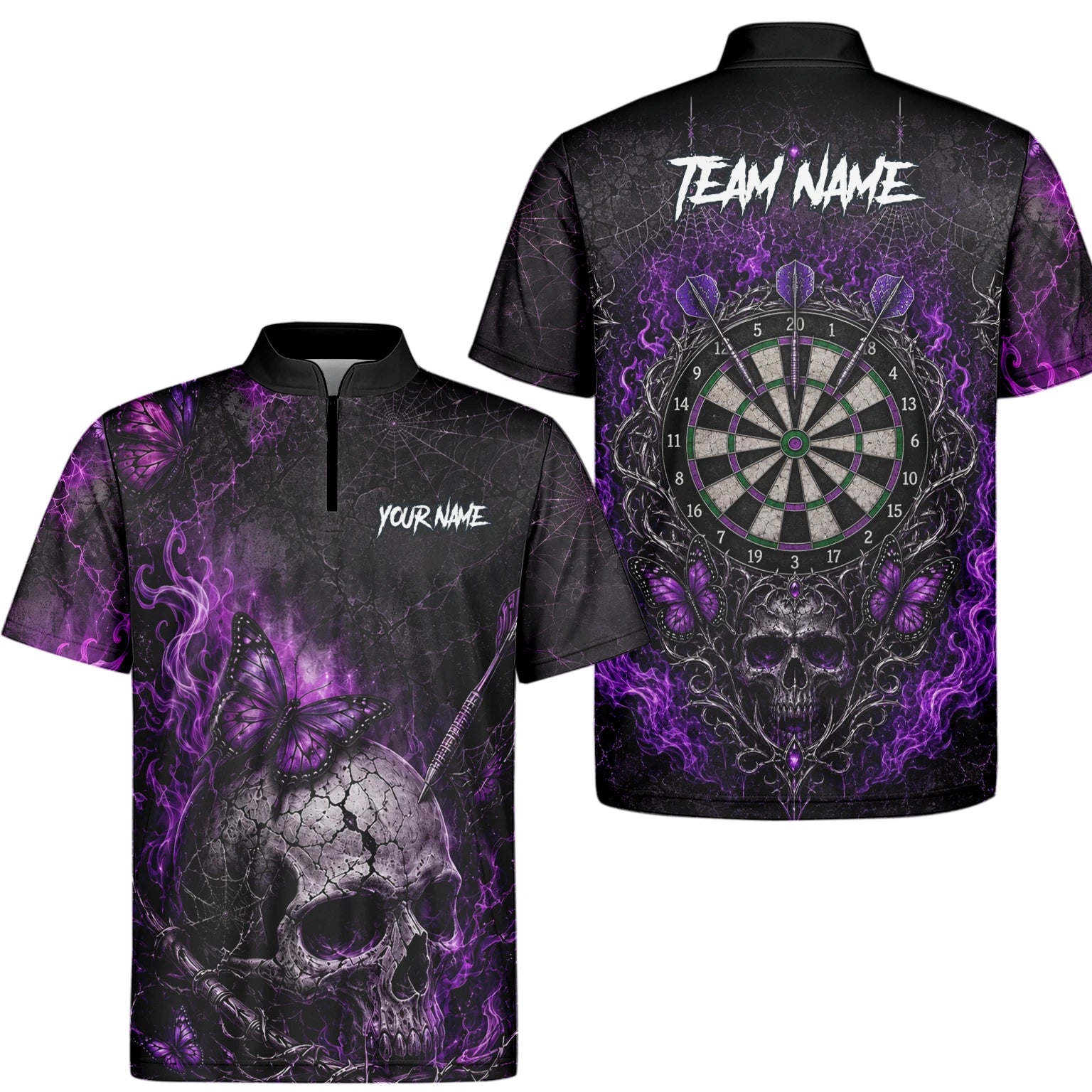 Personalised Black & Purple Skull Butterfly Darts Shirt For Men Q241