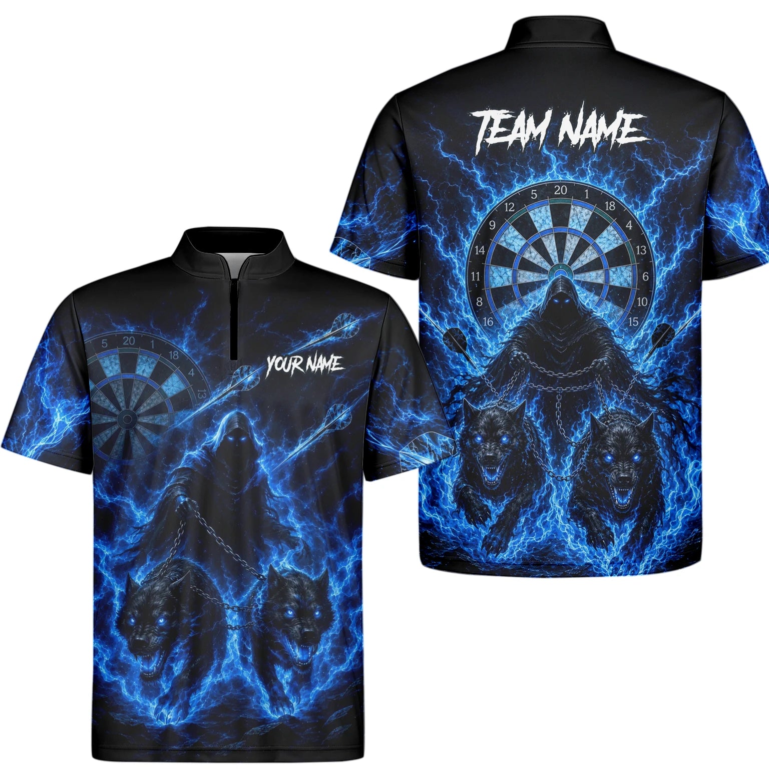 Personalised Black & Blue Grim Reaper and Wolves Darts Shirt For Men X871