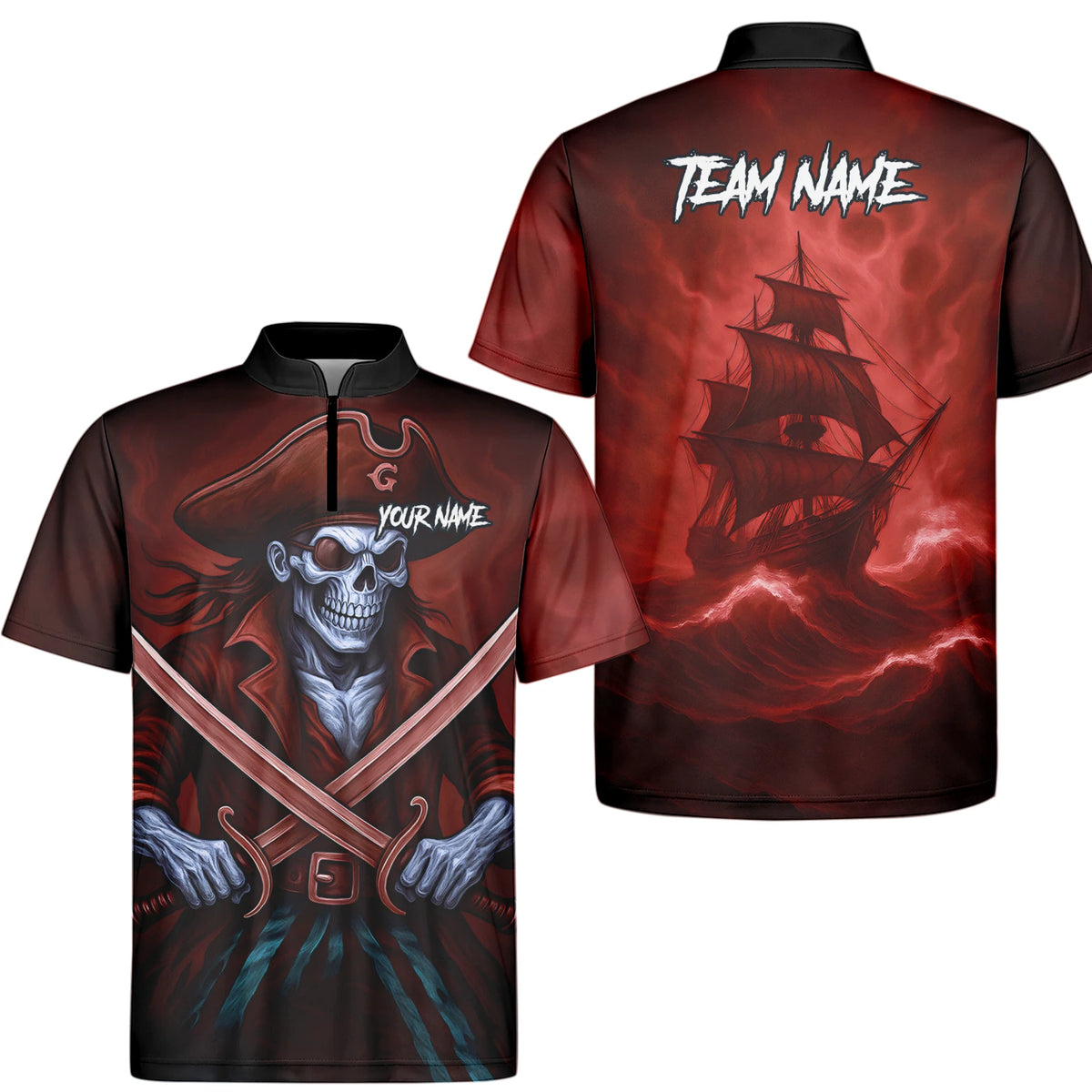 Personalised Red & Black Pirate Skull Crossed Swords Darts Shirt For Men TR8209