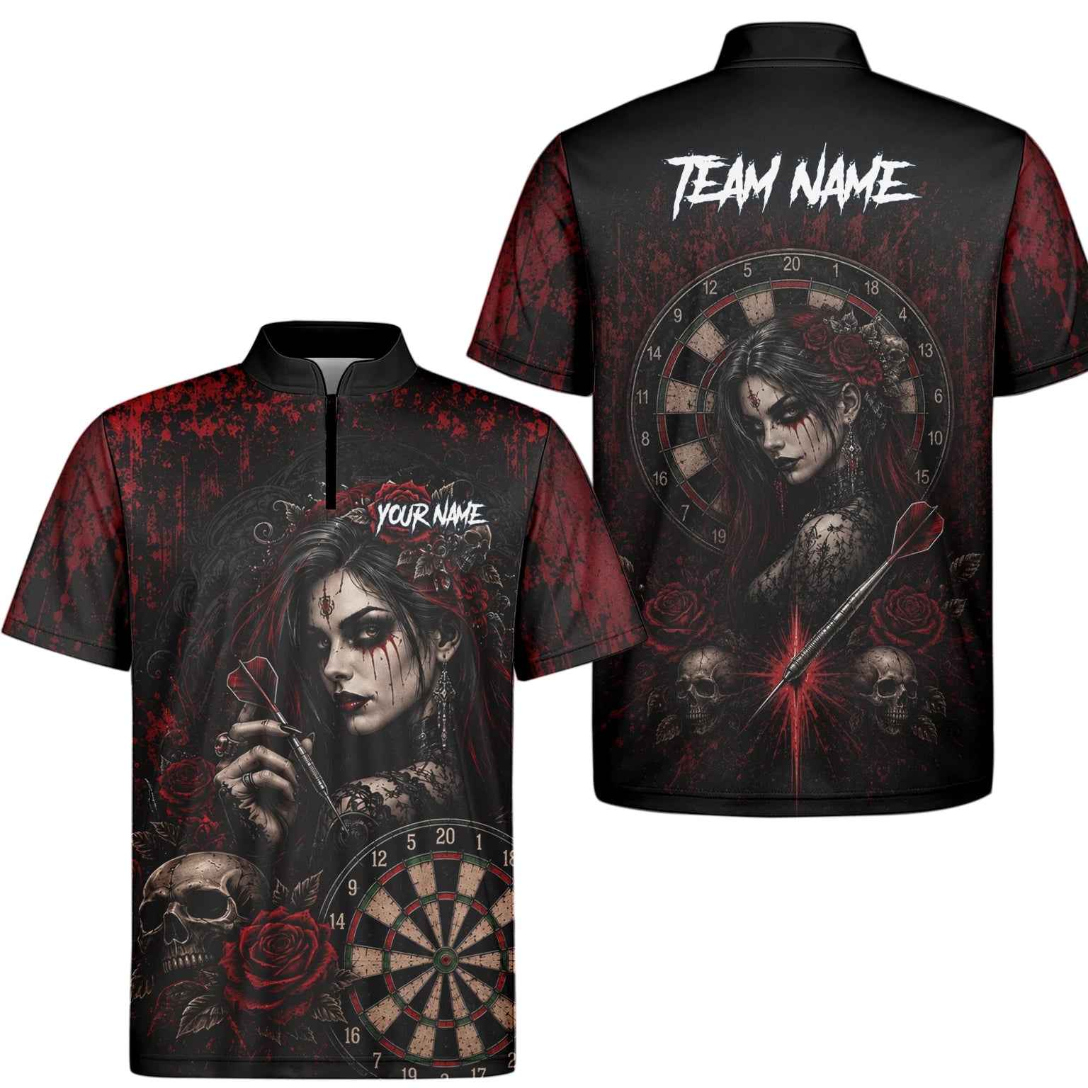 Personalised Black & Red Gothic Woman Skull Darts Shirt For Men W035