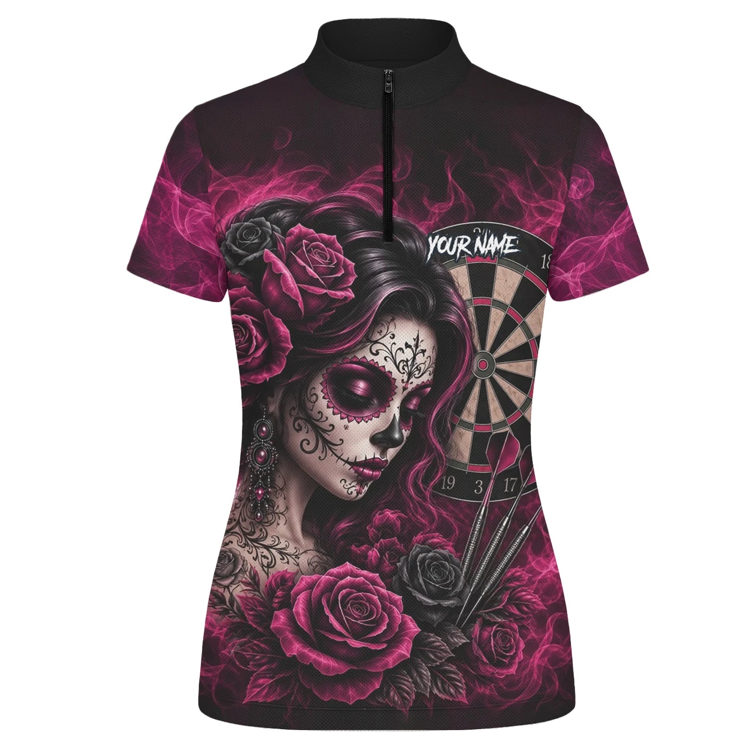 Personalised Black & Pink Sugar Skull Roses Darts Shirt For Women Z109