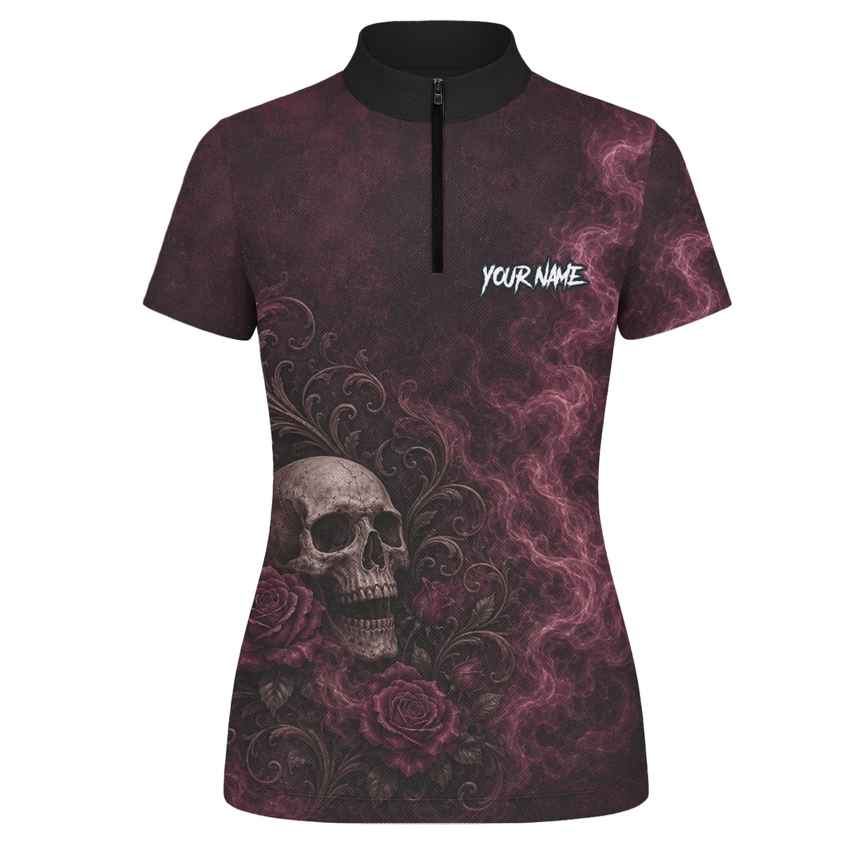 Personalised Burgundy & Black Skull Rose Darts Shirt For Women U786