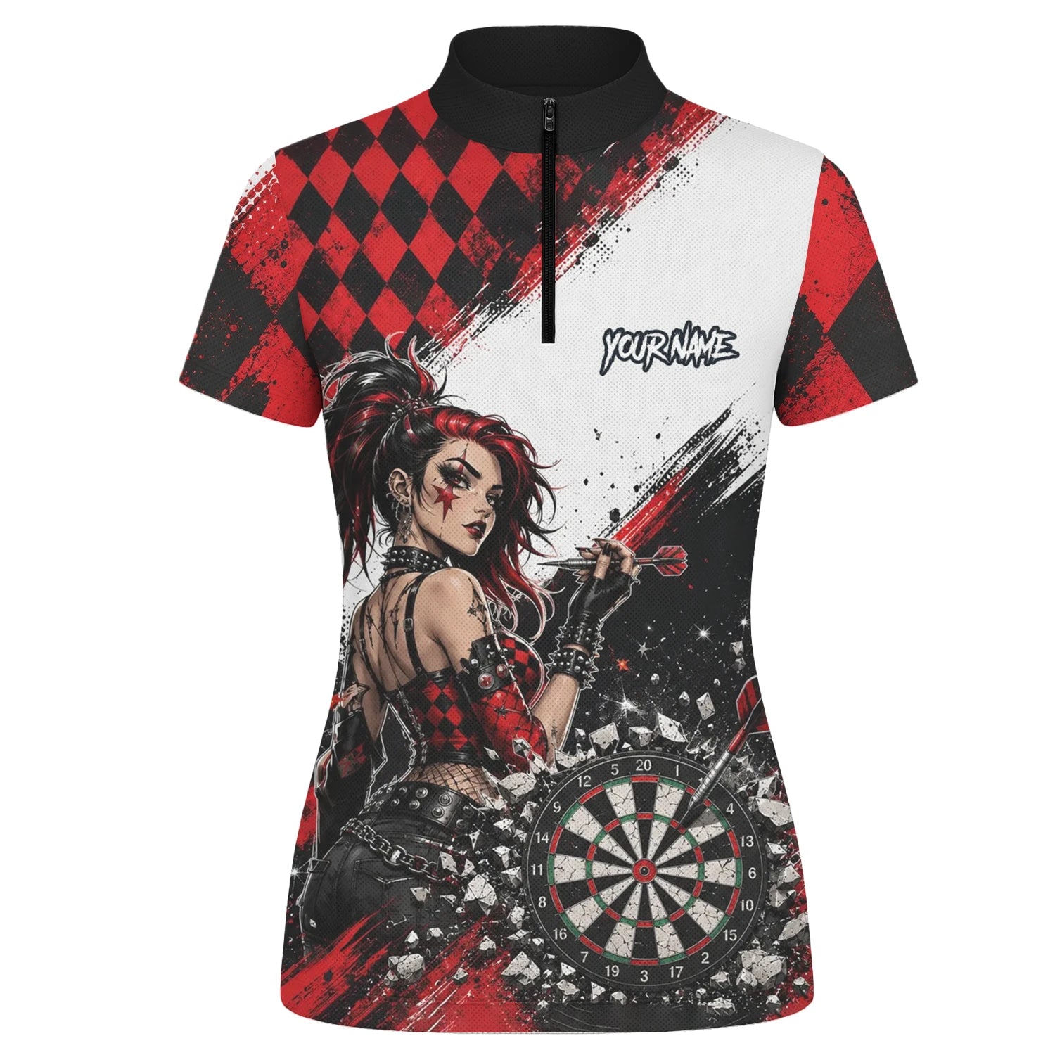 Personalised Red & Black Gothic Harlequin Darts Polo Shirt For Women K572