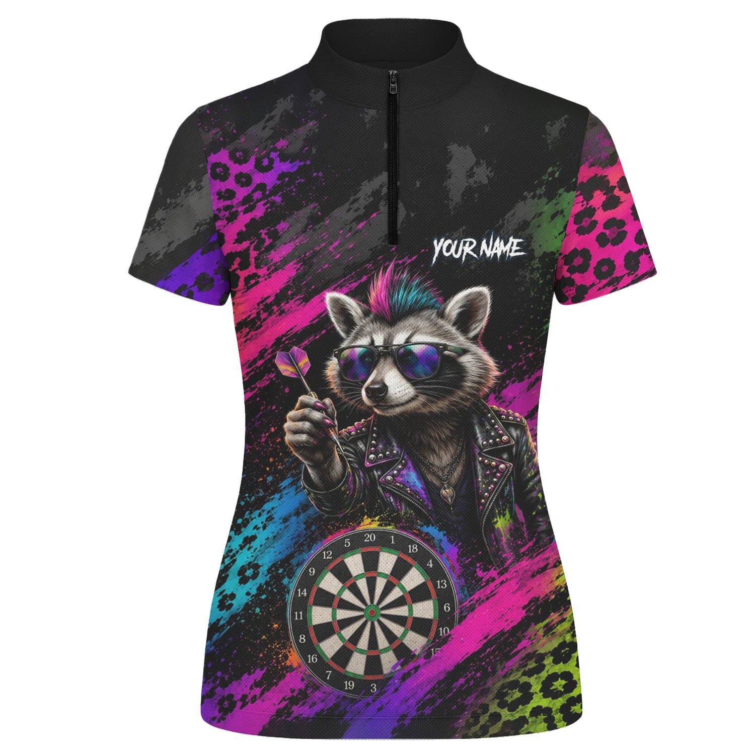 Personalised Black Multicolour Punk Raccoon Dartboard Darts Shirt For Women E164