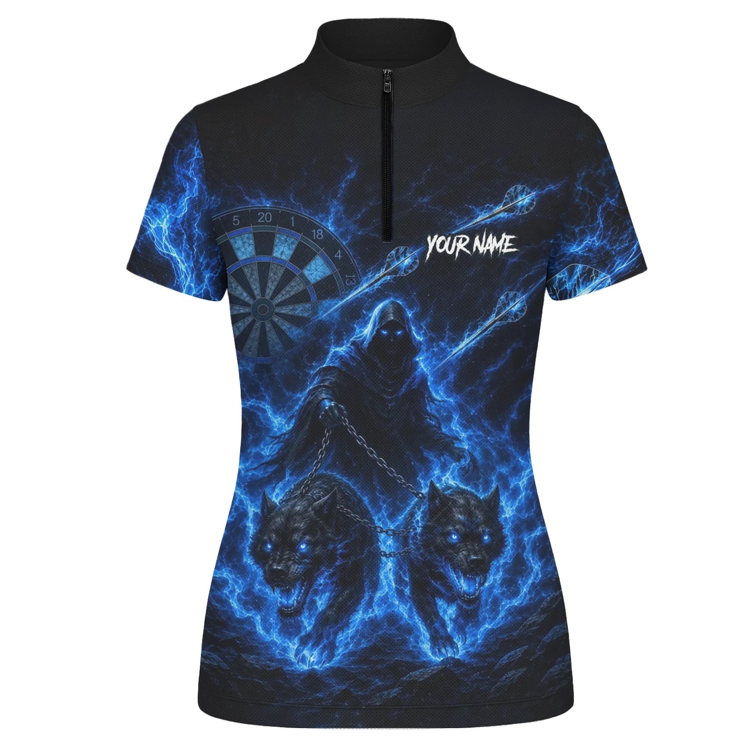 Personalised Black & Blue Grim Reaper and Wolves Darts Shirt For Women X871