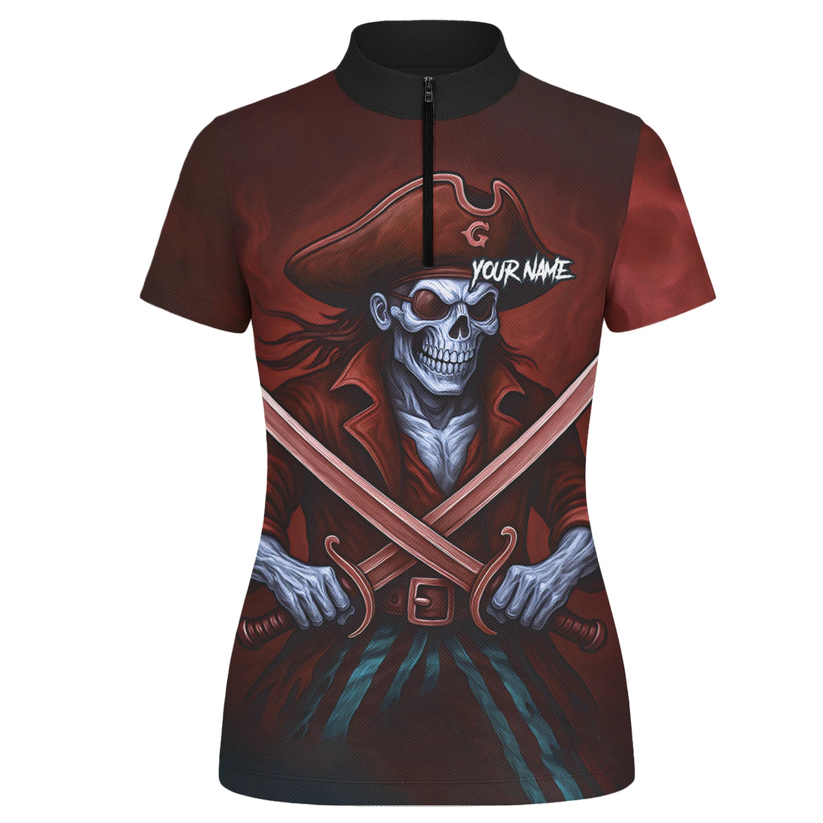 Personalised Red & Black Pirate Skull Crossed Swords Darts Shirt For Women TR8209