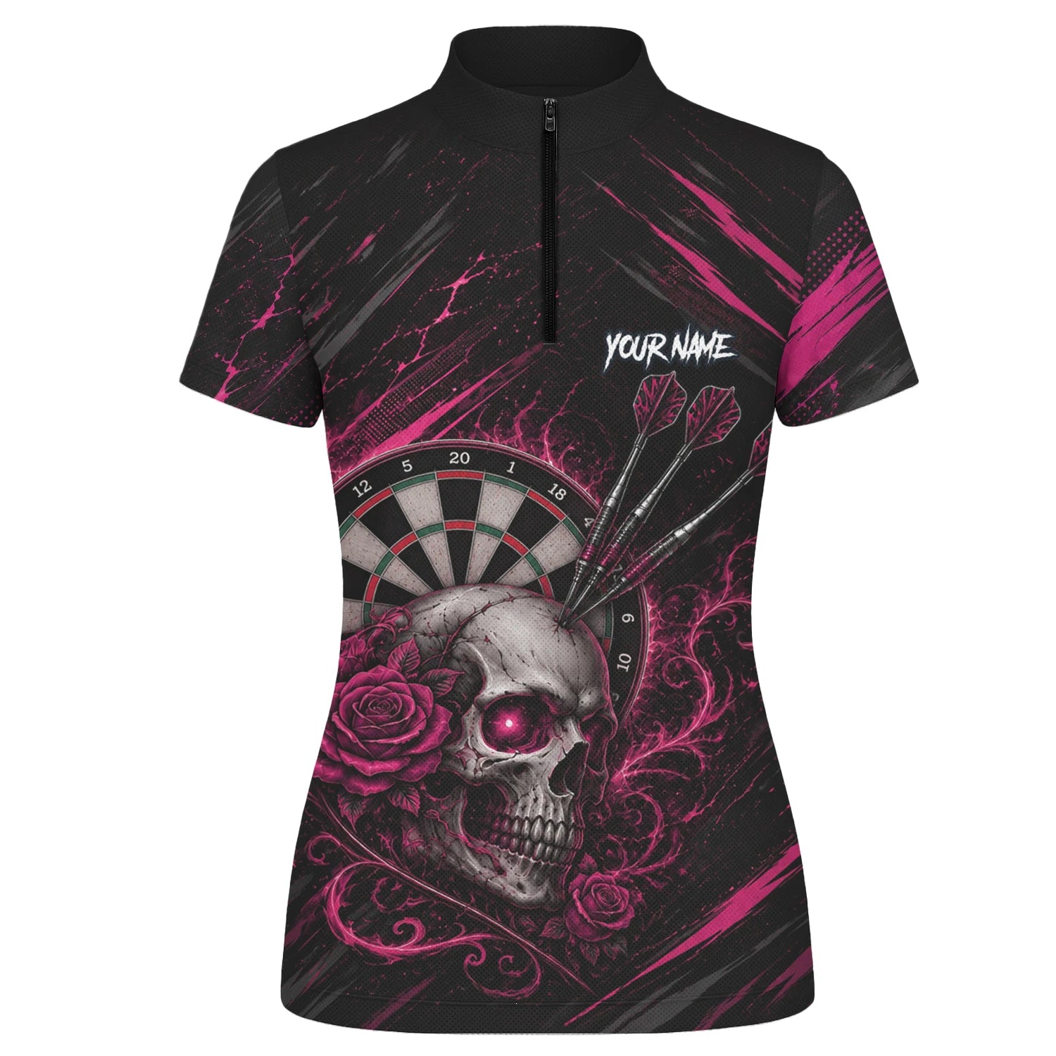 Personalised Black & Pink Skull and Roses Darts Shirt For Women V308