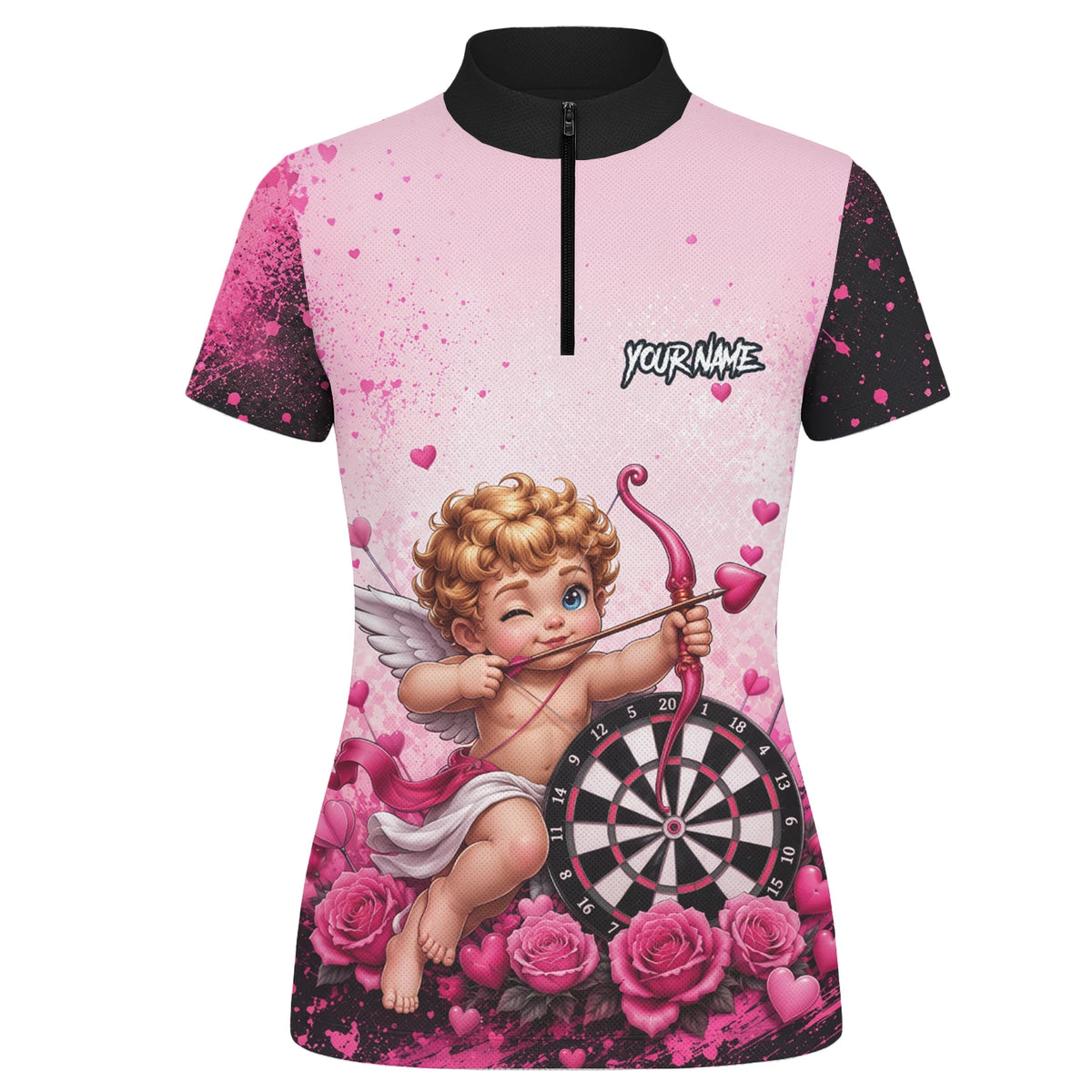 Personalised Pink & Black Cupid Dartboard Darts Shirt For Women I643