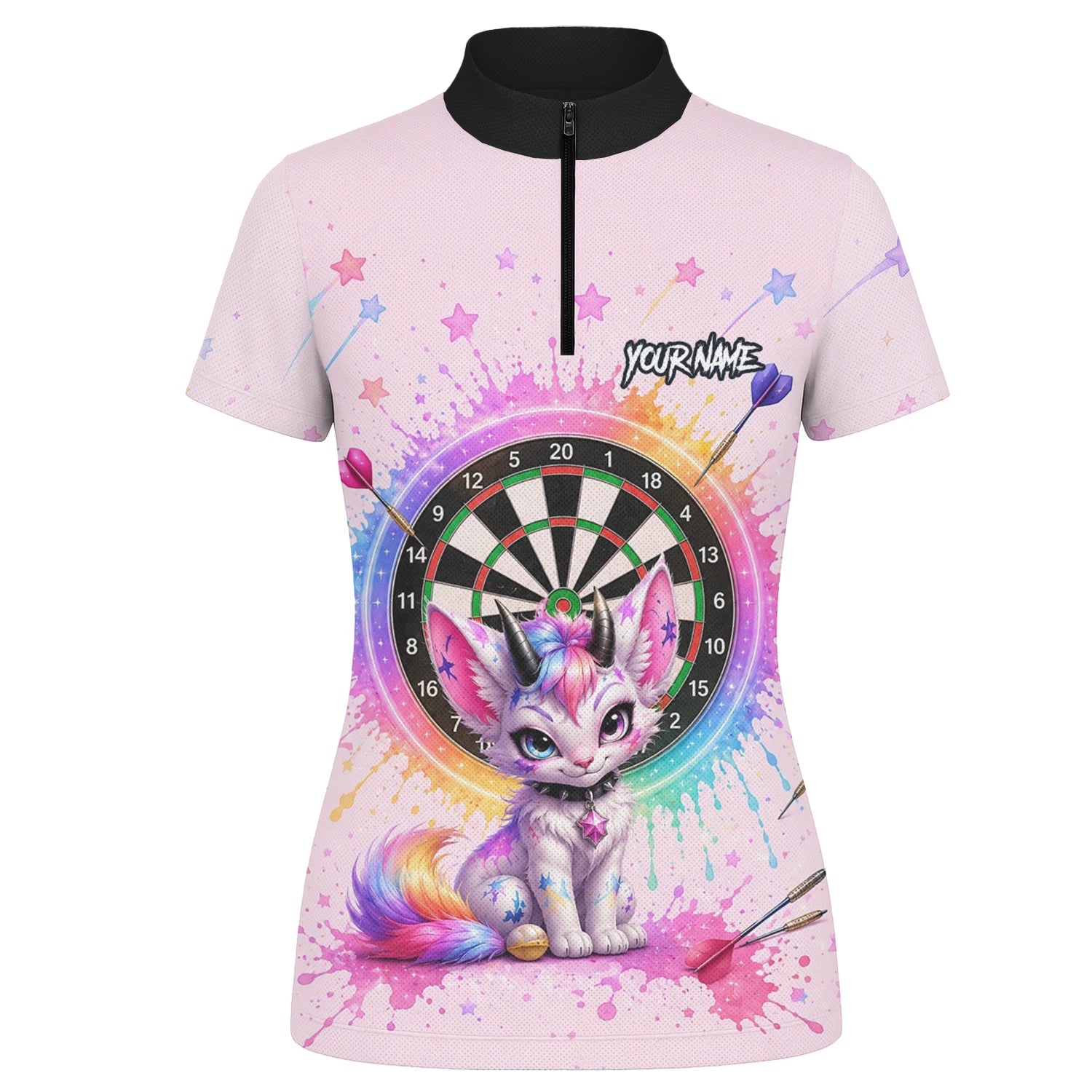 Personalised Pink & Rainbow Fantasy Cat Unicorn Darts Shirt For Women X398