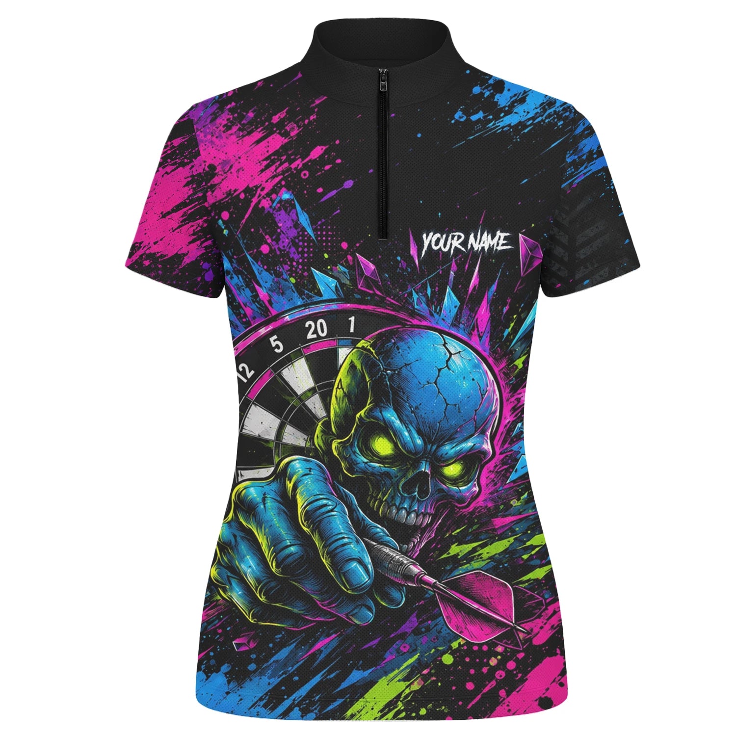 Personalised Neon Blue Green & Pink Skull Dartboard Darts Shirt For Women S232