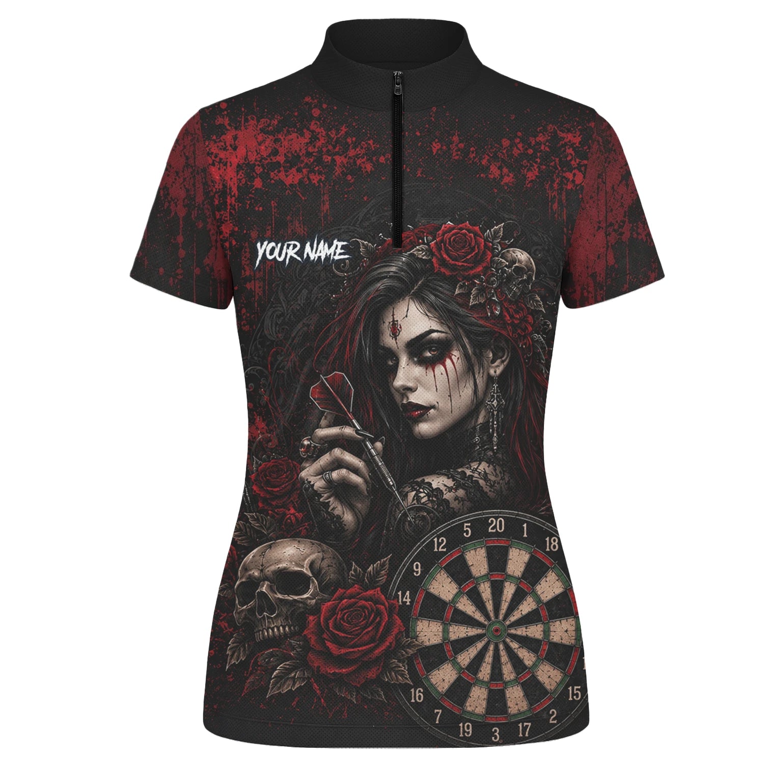 Personalised Black & Red Gothic Woman Skull Darts Shirt For Women W035